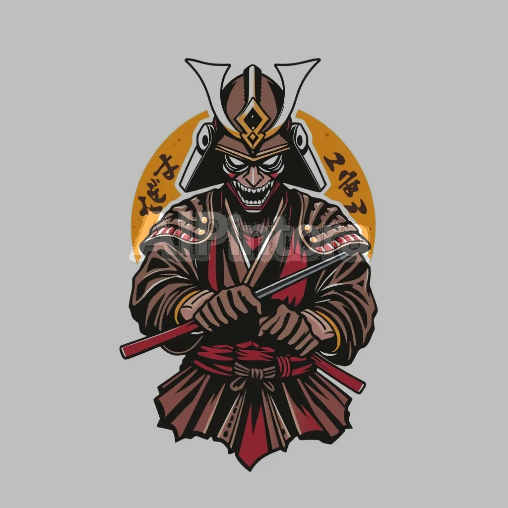 streetwear t-shirt graphic design, printable design, high detail illustration, trendy style, black background, printable t-shirt graphic design, sticker style illustration, isolated design, plain white background, centered object, bold colorful artwork, clean edges, high contrast, no model, no shirt mockup, no background scene, easy background removal, design for: streetwear anime samurai tshirt design, japanese typography, dark aesthetic
