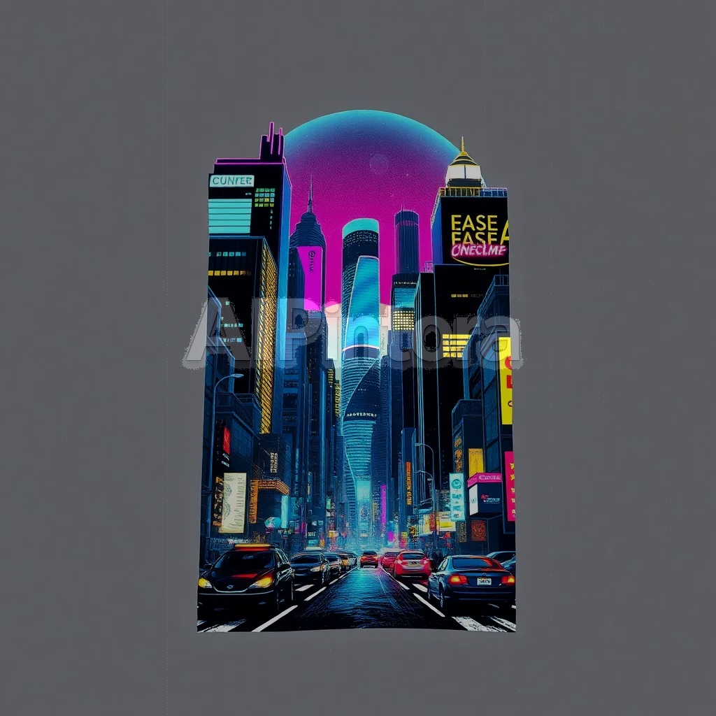 streetwear t-shirt graphic design, printable design, high detail illustration, trendy style, black background, printable t-shirt graphic design, sticker style illustration, isolated design, plain white background, centered object, bold colorful artwork, clean edges, high contrast, no model, no shirt mockup, no background scene, easy background removal, design for: cinematic cyberpunk city wallpaper at night, neon lights, ultra realistic