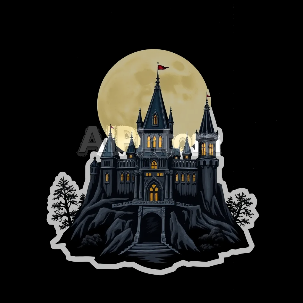 streetwear t-shirt graphic design, printable design, high detail illustration, trendy style, black background, printable t-shirt graphic design, sticker style illustration, isolated design, plain white background, centered object, bold colorful artwork, clean edges, high contrast, no model, no shirt mockup, no background scene, easy background removal, design for: dark fantasy castle wallpaper, moonlight atmosphere, ultra detailed