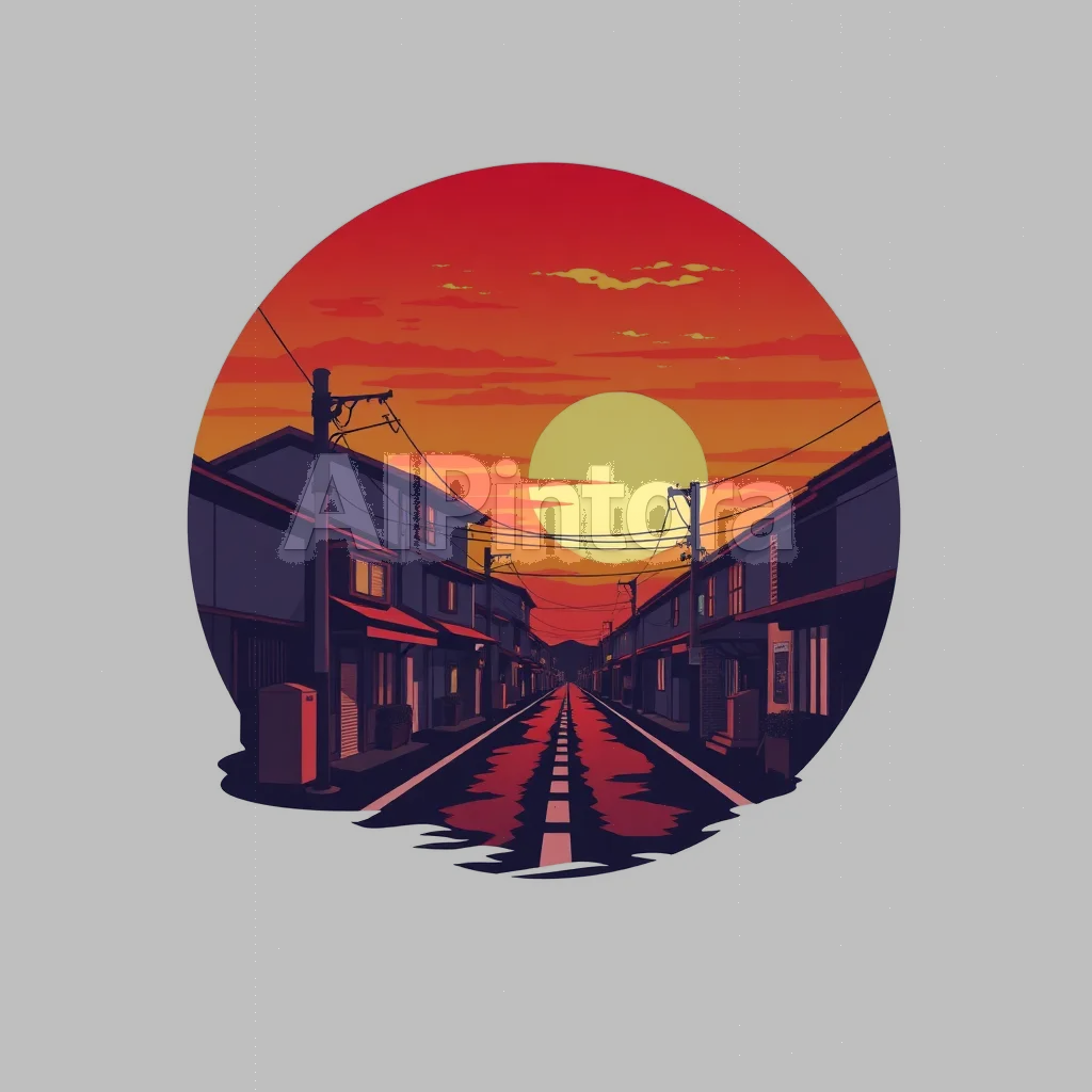 streetwear t-shirt graphic design, printable design, high detail illustration, trendy style, black background, printable t-shirt graphic design, sticker style illustration, isolated design, plain white background, centered object, bold colorful artwork, clean edges, high contrast, no model, no shirt mockup, no background scene, easy background removal, design for: anime sunset wallpaper, peaceful japanese street, cinematic lighting