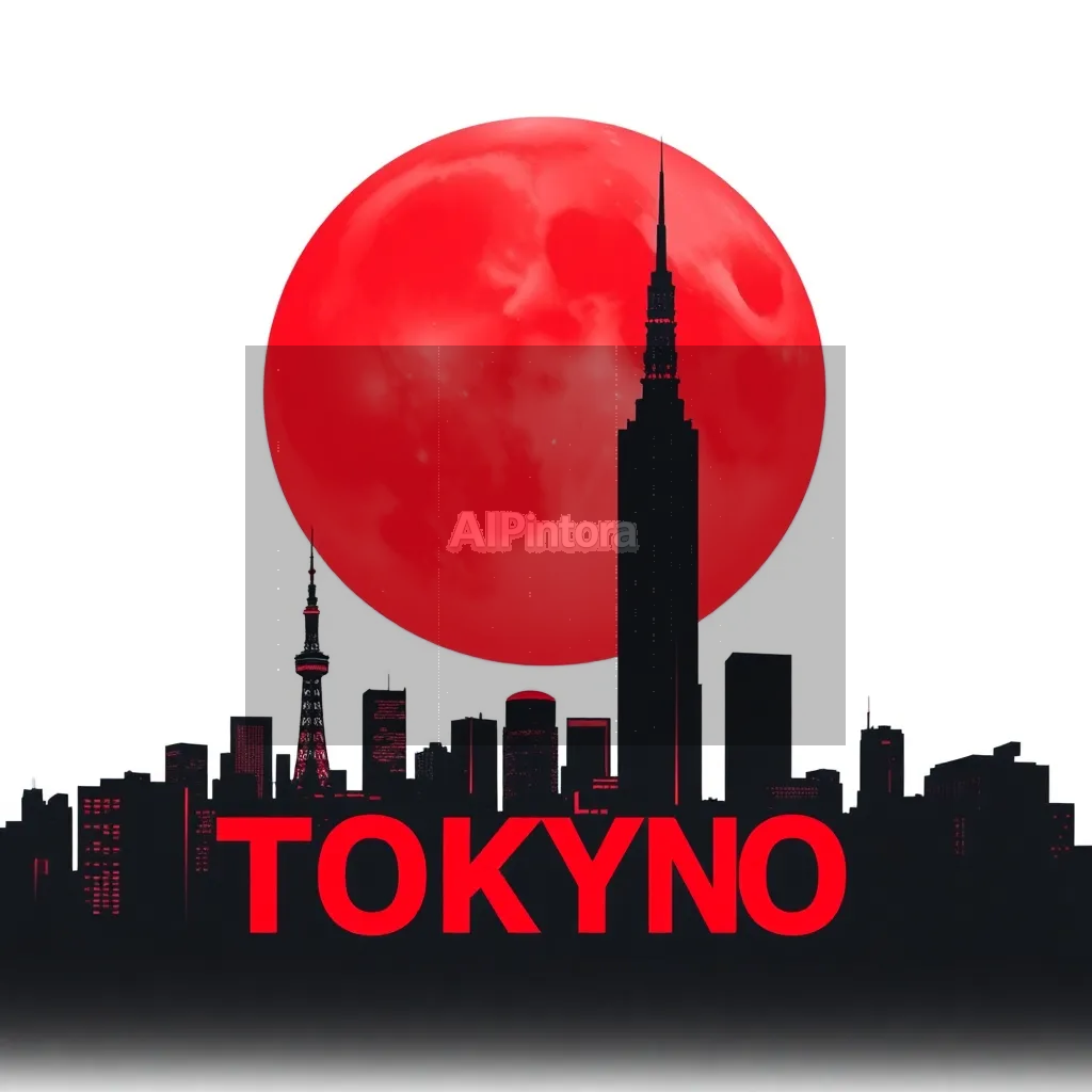 printable t-shirt graphic design of Luxury Japanese streetwear graphic for oversized T-shirt, massive blood red moon dominating the sky, black Tokyo skyline silhouette with skyscrapers and neon atmosphere, bold “TOKYO” typography in modern Japanese-inspired font, minimalist red and black palette, dark aesthetic, anime cyberpunk mood, high contrast, fashion brand quality, vector illustration mixed with realistic glow, centered composition, clean background, ultra detailed, trendy Gen Z streetwear design, suitable for screen printing,
    isolated centered artwork,
    plain white background,
    bold vector illustration,
    streetwear style,
    high contrast colors,
    clean sharp edges,
    no model,
    no shirt mockup,
    no room background,
    no realistic photo,
    no shadows on background,
    no extra objects,
    easy background removal,
    print ready design,
    professional merch artwork