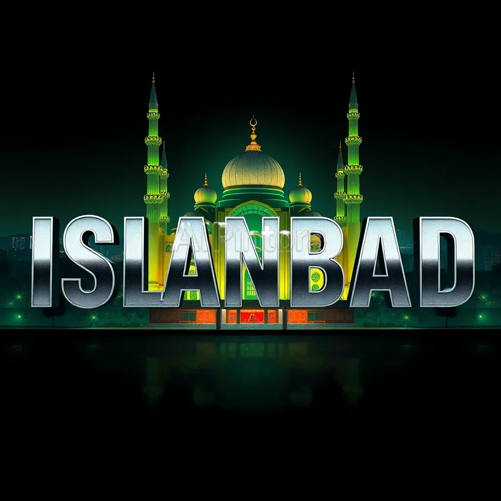 cinematic ultra detailed wallpaper of Futuristic Islamabad streetwear graphic artwork, iconic Faisal Mosque and Islamabad skyline at night, glowing city lights, oversized metallic ISLAMABAD typography, luxury urban fashion aesthetic, cinematic neon atmosphere, emerald green and silver color palette, bold centered composition, ultra detailed streetwear illustration, premium Gen Z fashion brand style, clean balanced layout, isolated design, dark clean background, printable t-shirt artwork, ultra sharp details, HD 4K, dramatic lighting, vibrant colors, atmospheric depth, epic composition, high quality digital art, sharp focus, wide wallpaper composition, no text, beautiful background, 4k wallpaper style