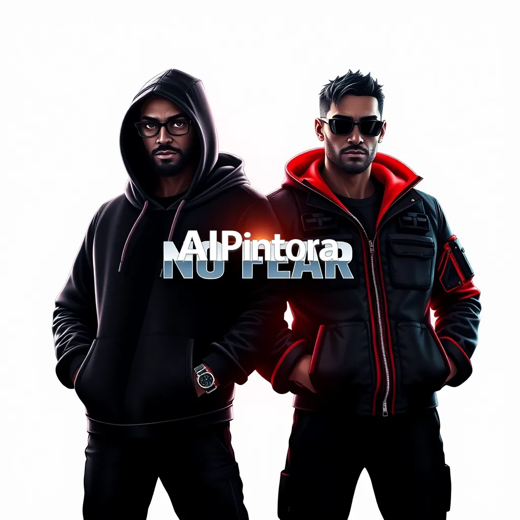 professional modern company logo design, vector logo, centered composition, clean minimal branding, simple strong shapes, high contrast, plain white background, no mockup, no photo, no 3d render, no background scene, no extra text unless requested, logo mark for: Two powerful futuristic streetwear characters standing side by side, one wearing a black cyberpunk hoodie and the other wearing a luxury tactical jacket, intense cinematic lighting, bold urban fashion aesthetic, glowing neon atmosphere, dramatic shadows, ultra detailed faces, confident aggressive pose, oversized metallic “NO FEAR” typography in the center, high contrast black red and silver color palette, premium Gen Z streetwear artwork, centered balanced composition, ultra sharp details, printable t-shirt graphic design, dark clean background, HD 4K