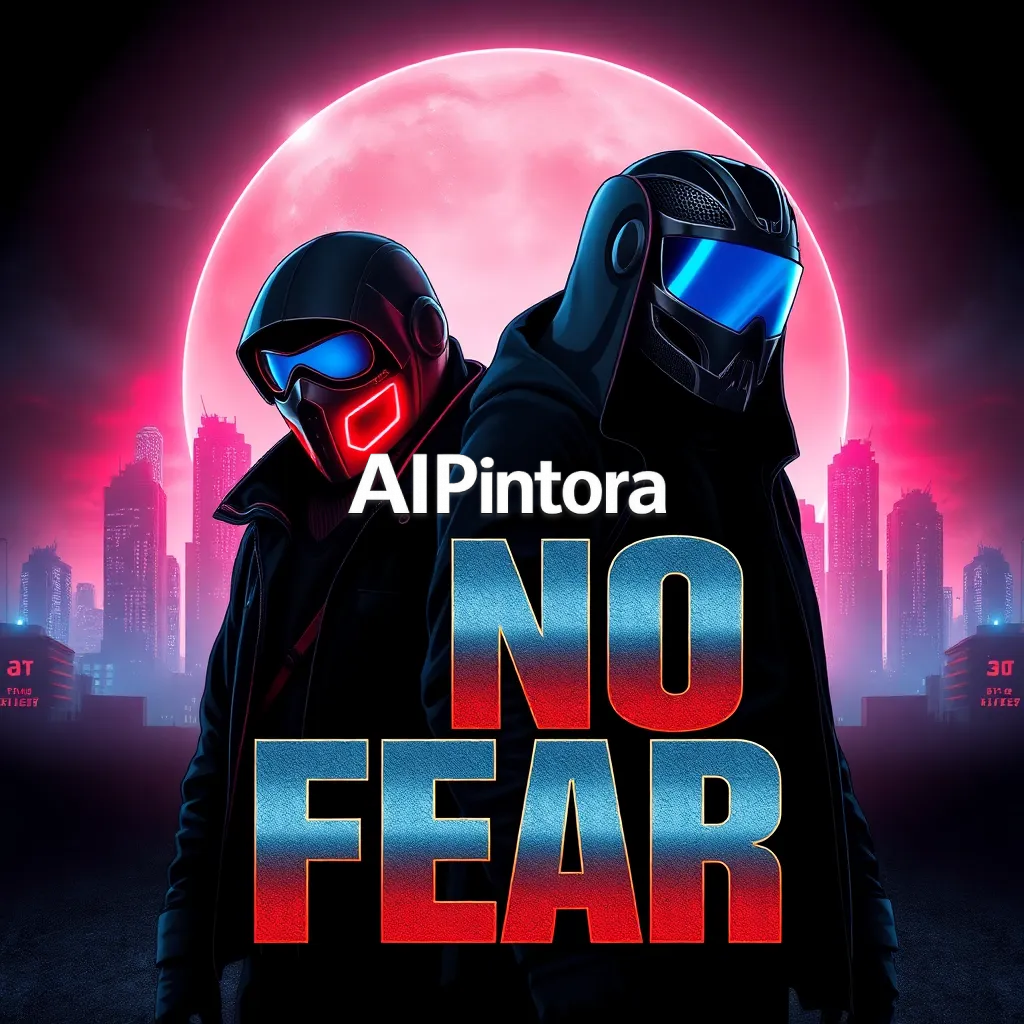 premium streetwear t-shirt graphic artwork of Two dark futuristic anti-heroes standing in front of a glowing cyberpunk skyline, luxury streetwear fashion aesthetic, one character with red neon mask and the other with silver glowing visor, cinematic atmosphere, dramatic shadows, intense action movie vibe, oversized bold “NO FEAR” typography with metallic texture, black crimson and electric blue color palette, ultra detailed digital illustration, premium Gen Z fashion artwork, centered clean composition, printable streetwear t-shirt graphic, ultra sharp HD 4K,
    bold centered composition,
    clean balanced layout,
    luxury urban fashion aesthetic,
    high contrast colors,
    ultra detailed illustration,
    sharp edges,
    HD 4K,
    printable t-shirt design,
    modern Gen Z fashion brand style,
    no model,
    no shirt mockup,
    no product photo,
    no messy background,
    no extra random objects