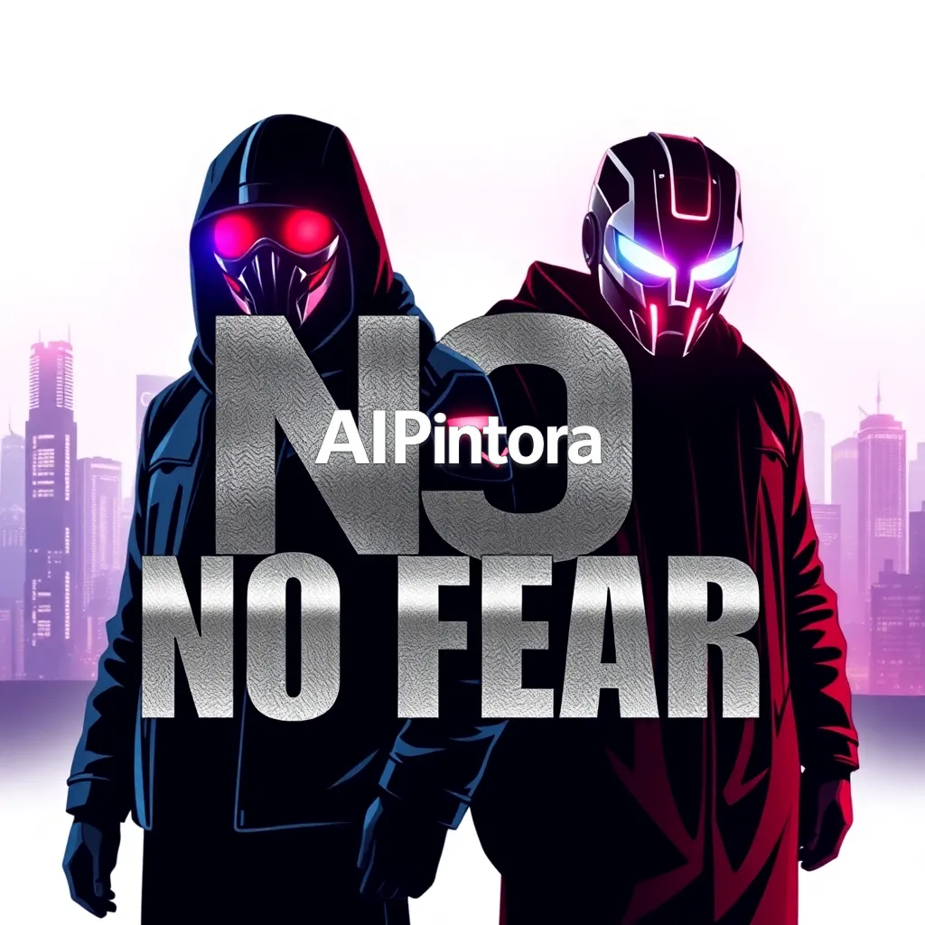 professional modern company logo design, vector logo, centered composition, clean minimal branding, simple strong shapes, high contrast, plain white background, no mockup, no photo, no 3d render, no background scene, no extra text unless requested, logo mark for: Two dark futuristic anti-heroes standing in front of a glowing cyberpunk skyline, luxury streetwear fashion aesthetic, one character with red neon mask and the other with silver glowing visor, cinematic atmosphere, dramatic shadows, intense action movie vibe, oversized bold “NO FEAR” typography with metallic texture, black crimson and electric blue color palette, ultra detailed digital illustration, premium Gen Z fashion artwork, centered clean composition, printable streetwear t-shirt graphic, ultra sharp HD 4K