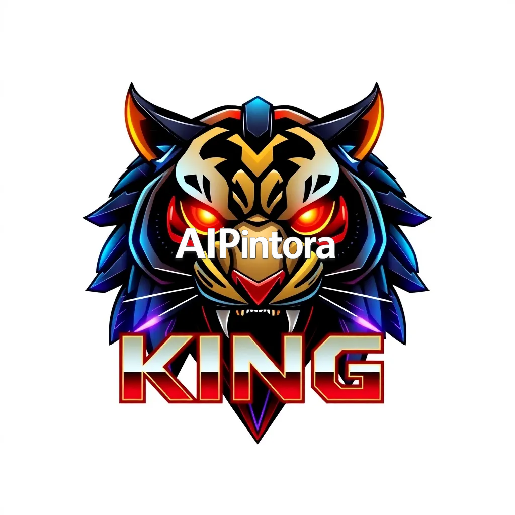 professional modern company logo design, vector logo, centered composition, clean minimal branding, simple strong shapes, high contrast, plain white background, no mockup, no photo, no 3d render, no background scene, no extra text unless requested, logo mark for: Futuristic robotic tiger king artwork, ultra aggressive cyber tiger with glowing neon mechanical armor, sharp metallic fangs, powerful glowing eyes, cinematic sci fi atmosphere, luxury streetwear aesthetic, multi color neon lighting, electric blue red purple and gold highlights, oversized metallic “KING” typography in vibrant multicolor chrome style, bold centered composition, ultra detailed digital illustration, dark futuristic background, premium Gen Z fashion artwork, printable t-shirt graphic design, high contrast shadows, ultra sharp HD 4K