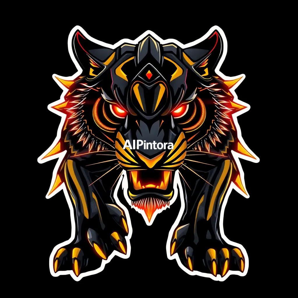 premium printable t-shirt artwork of robotic tiger king,
neon cinematic style,
dramatic cinematic lighting,
powerful beast energy, aggressive pose, glowing eyes, 
inspired by Seoul,
premium urban clothing style,
black and gold color palette,
isolated centered graphic,
clean plain background,
thick white outline around artwork,
sticker style border,
transparent background friendly,
suitable for printing on any shirt color,
bold high contrast illustration,
no model,
no shirt mockup,
no product photo,
no messy background,
no extra random objects,
ultra detailed, sharp clean edges, HD 4K, premium artwork, centered balanced composition