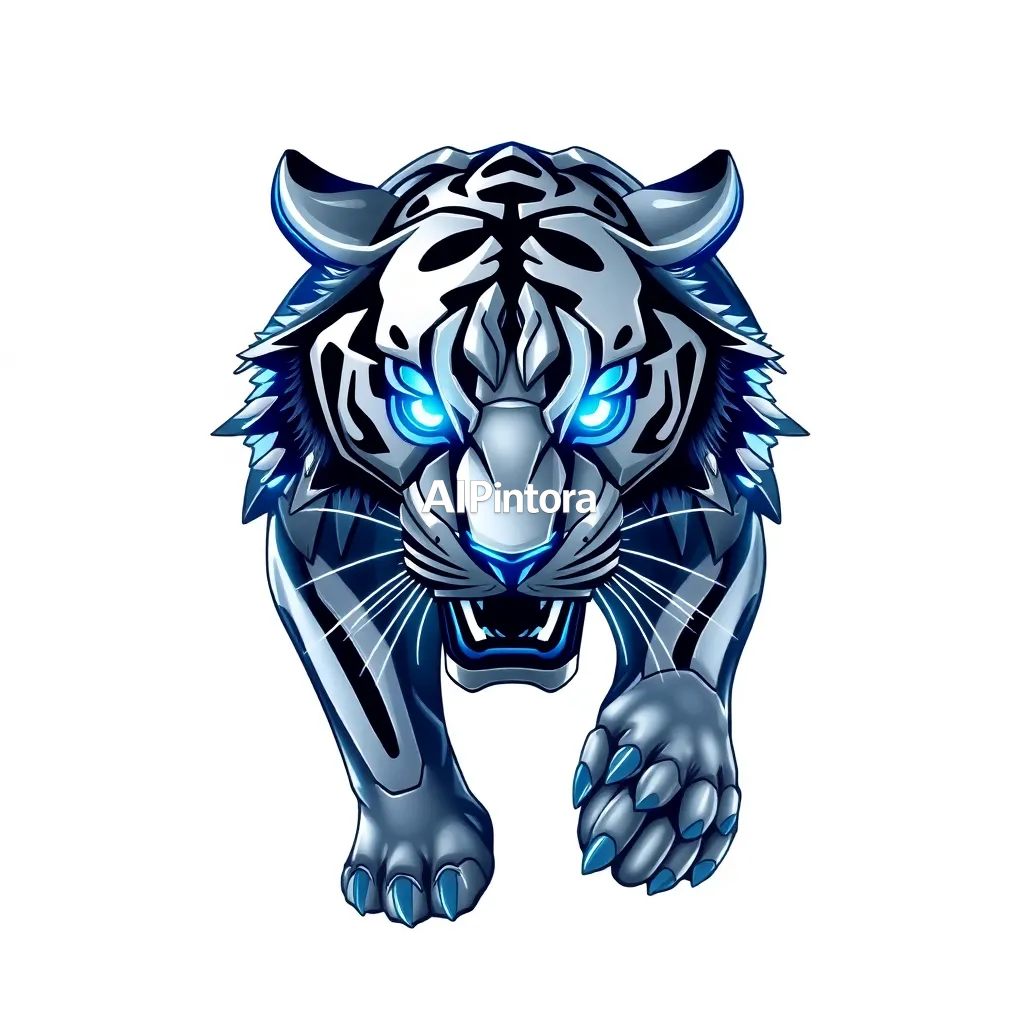 premium printable t-shirt artwork of NO FEAR robotic tiger,
high-end modern digital art,
moody premium lighting,
powerful beast energy, aggressive pose, glowing eyes, 
inspired by Islamabad,
oversized hypebeast aesthetic,
silver and blue color palette,
isolated centered graphic,
clean plain background,
thick white outline around artwork,
sticker style border,
transparent background friendly,
suitable for printing on any shirt color,
bold high contrast illustration,
no model,
no shirt mockup,
no product photo,
no messy background,
no extra random objects,
ultra detailed, sharp clean edges, HD 4K, premium artwork, centered balanced composition
