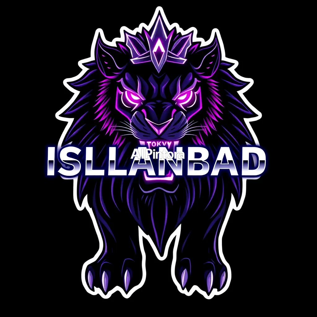 premium printable t-shirt artwork of Islamabad lion king,
        dark futuristic fashion style,
        high contrast shadows,
        powerful beast energy, aggressive pose, glowing eyes, oversized typography, bold chrome text, luxury streetwear text style, glowing lettering, cinematic title design, 
        
        inspired by Tokyo,
        modern luxury fashion brand,
        purple neon color palette,
        isolated centered graphic,
        clean plain background,
        thick white outline around artwork,
        sticker style border,
        transparent background friendly,
        suitable for printing on any shirt color,
        bold high contrast illustration,
        no model,
        no shirt mockup,
        no product photo,
        no messy background,
        no extra random objects,
        ultra detailed, sharp clean edges, HD 4K, premium artwork, centered balanced composition
