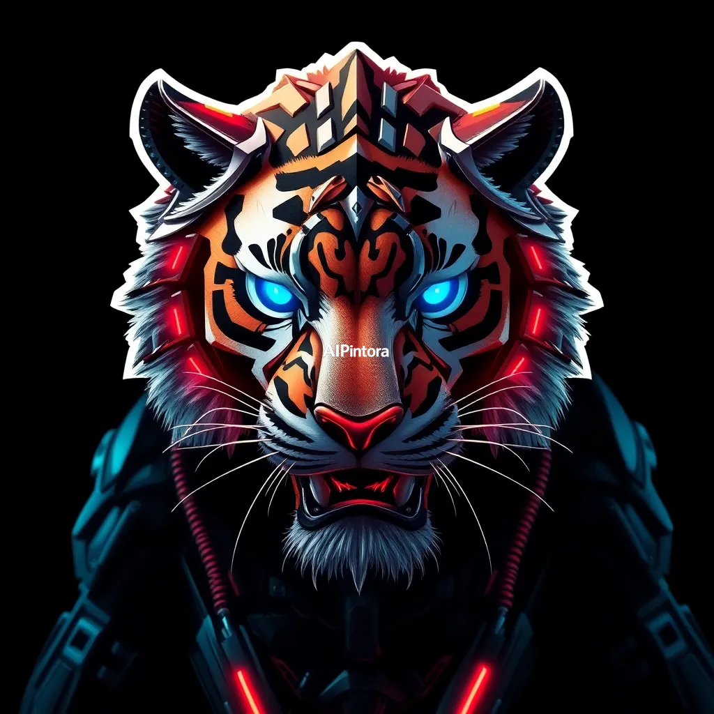
    A highly detailed premium streetwear t-shirt artwork featuring robotic tiger king,
    cinematic composition,
    centered main character focus,
    luxury hypebeast fashion aesthetic,
    futuristic visual storytelling,
    dramatic perspective angle,
    ultra detailed textures,
    glowing highlights,
    aggressive powerful energy,
    premium cyberpunk atmosphere,
    bold focal point,
    layered depth composition,
    rich shadows and contrast,
    cinematic red and blue lighting,
    premium fashion poster style,
    luxury Gen Z streetwear design,
    oversized graphic composition,
    thick white sticker outline,
    clean isolated background,
    transparent background friendly,
    suitable for printing on black shirts,
    no mockup,
    no model,
    no room background,
    no extra objects,
    ultra sharp details,
    masterpiece quality,
    HD 4K
    