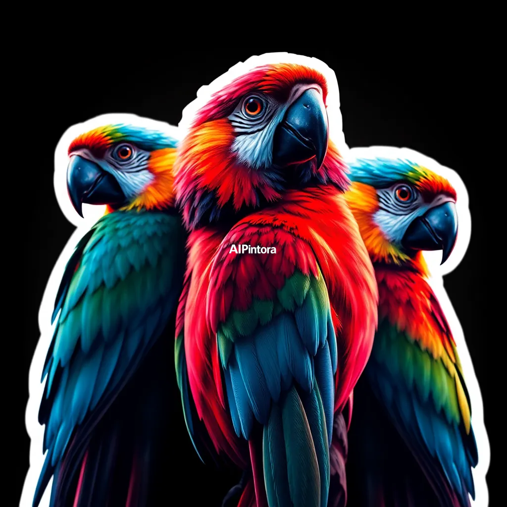 
    A highly detailed premium streetwear t-shirt artwork featuring multicolor parrots,
    cinematic composition,
    centered main character focus,
    luxury hypebeast fashion aesthetic,
    futuristic visual storytelling,
    dramatic perspective angle,
    ultra detailed textures,
    glowing highlights,
    aggressive powerful energy,
    premium cyberpunk atmosphere,
    bold focal point,
    layered depth composition,
    rich shadows and contrast,
    cinematic red and blue lighting,
    premium fashion poster style,
    luxury Gen Z streetwear design,
    oversized graphic composition,
    thick white sticker outline,
    clean isolated background,
    transparent background friendly,
    suitable for printing on black shirts,
    no mockup,
    no model,
    no room background,
    no extra objects,
    ultra sharp details,
    masterpiece quality,
    HD 4K
    
