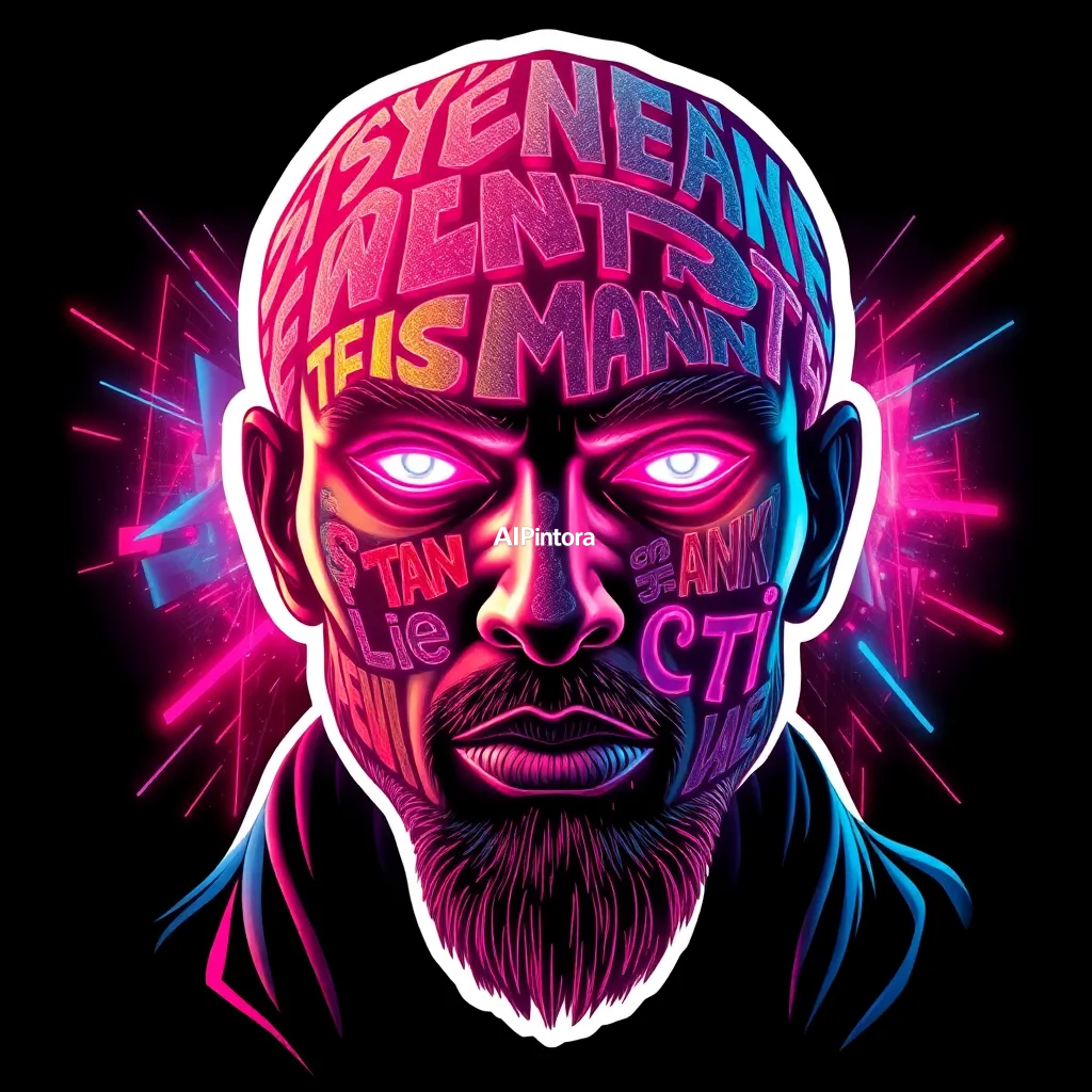 
    A highly detailed premium streetwear t-shirt artwork featuring portrait artwork made entirely from colorful typography words, neon graffiti text forming a human face, cyberpunk street art aesthetic, glowing vibrant colors, ultra detailed typographic illustration,
    cinematic composition,
    centered main character focus,
    luxury hypebeast fashion aesthetic,
    futuristic visual storytelling,
    dramatic perspective angle,
    ultra detailed textures,
    glowing highlights,
    aggressive powerful energy,
    premium cyberpunk atmosphere,
    bold focal point,
    layered depth composition,
    rich shadows and contrast,
    cinematic red and blue lighting,
    premium fashion poster style,
    luxury Gen Z streetwear design,
    oversized graphic composition,
    thick white sticker outline,
    clean isolated background,
    transparent background friendly,
    suitable for printing on black shirts,
    no mockup,
    no model,
    no room background,
    no extra objects,
    ultra sharp details,
    masterpiece quality,
    HD 4K
    
