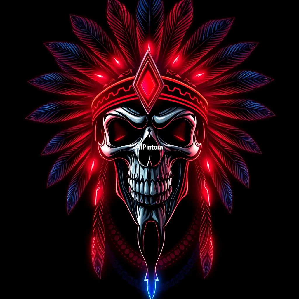 
    A highly detailed premium streetwear t-shirt artwork featuring tribal skull warrior with feather headdress, dark fantasy tattoo style, glowing blue and red highlights, centered composition, black background, ultra detailed skull artwork,
    cinematic composition,
    centered main character focus,
    luxury hypebeast fashion aesthetic,
    futuristic visual storytelling,
    dramatic perspective angle,
    ultra detailed textures,
    glowing highlights,
    aggressive powerful energy,
    premium cyberpunk atmosphere,
    bold focal point,
    layered depth composition,
    rich shadows and contrast,
    cinematic red and blue lighting,
    premium fashion poster style,
    luxury Gen Z streetwear design,
    oversized graphic composition,
    thick white sticker outline,
    clean isolated background,
    transparent background friendly,
    suitable for printing on black shirts,
    no mockup,
    no model,
    no room background,
    no extra objects,
    ultra sharp details,
    masterpiece quality,
    HD 4K
    