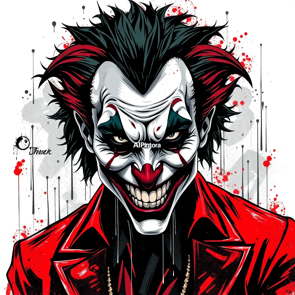 dark premium street art artwork of joker king,
    horror grunge aesthetic,
    black red and white color palette,
    paint splatter effects,
    dripping ink,
    dramatic shadows,
    aggressive expression,
    centered composition,
    ultra detailed illustration,
    sharp clean edges,
    premium t-shirt poster style,
    no model,
    no shirt mockup,
    no messy random objects,
    HD 4K