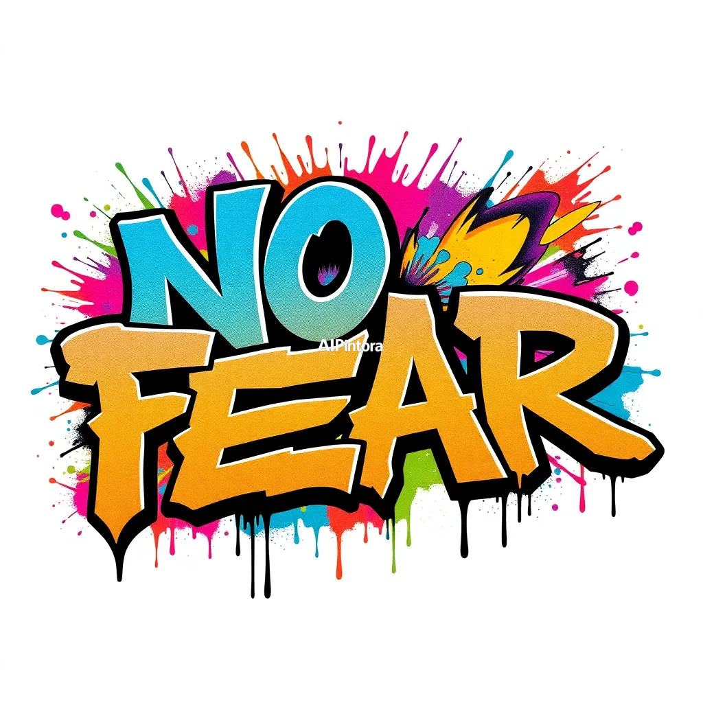premium graffiti typography artwork of NO FEAR,
    bold 3D lettering,
    dripping paint effects,
    colorful street art splashes,
    urban wall art aesthetic,
    high contrast colors,
    centered composition,
    clean background,
    sharp edges,
    ultra detailed,
    printable t-shirt graphic style,
    no model,
    no shirt mockup,
    HD 4K