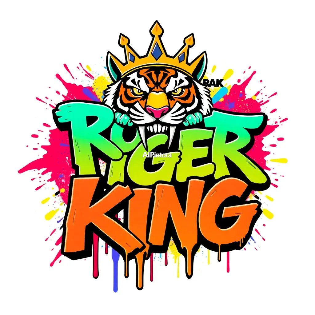 premium graffiti typography artwork of robot tiger king,
    bold 3D lettering,
    dripping paint effects,
    colorful street art splashes,
    urban wall art aesthetic,
    high contrast colors,
    centered composition,
    clean background,
    sharp edges,
    ultra detailed,
    printable t-shirt graphic style,
    no model,
    no shirt mockup,
    HD 4K