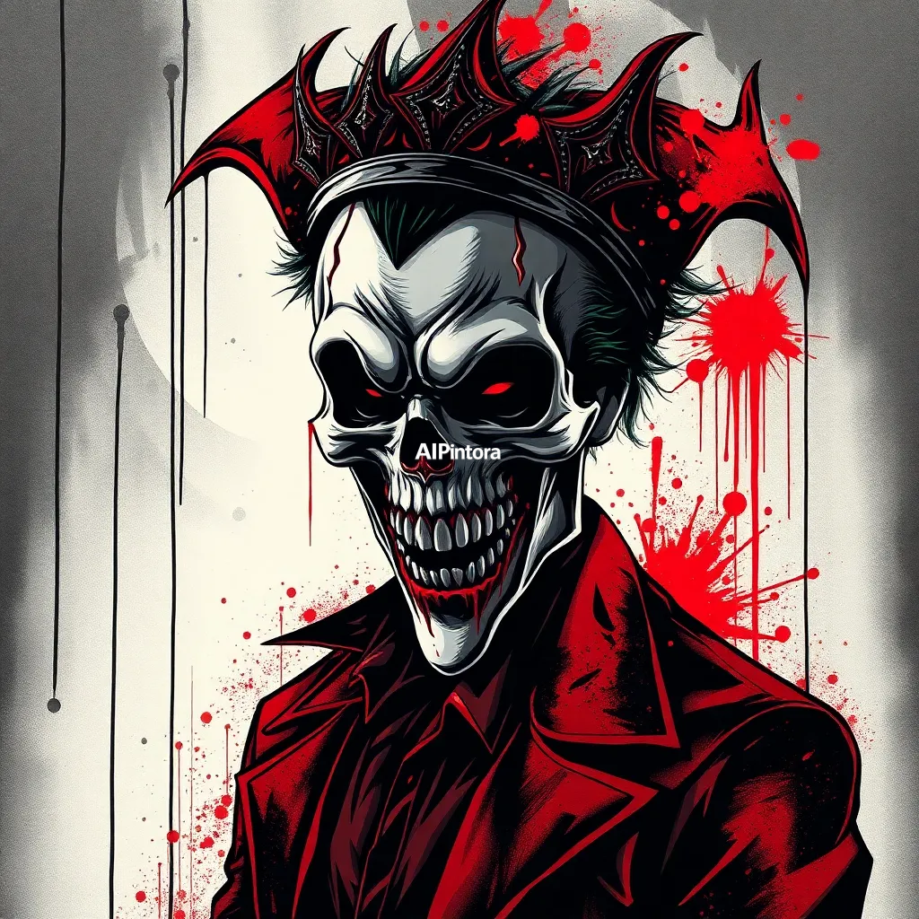 dark premium street art artwork of joker skull king,
    horror grunge aesthetic,
    black red and white color palette,
    paint splatter effects,
    dripping ink,
    dramatic shadows,
    aggressive expression,
    centered composition,
    ultra detailed illustration,
    sharp clean edges,
    premium t-shirt poster style,
    no model,
    no shirt mockup,
    no messy random objects,
    HD 4K