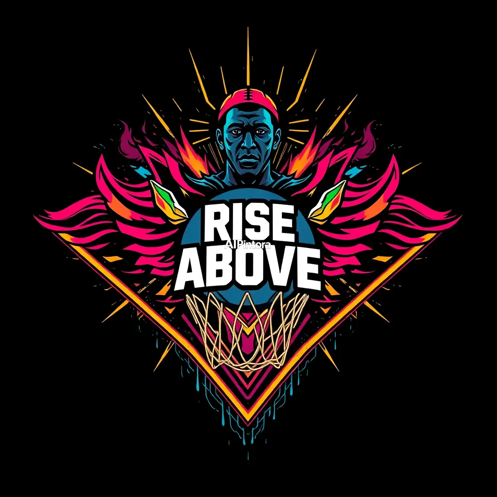 premium streetwear t-shirt graphic artwork of RISE ABOVE basketball street art,
    luxury urban fashion aesthetic,
    bold centered composition,
    clean balanced layout,
    high contrast colors,
    neon accents,
    ultra detailed illustration,
    sharp edges,
    modern Gen Z fashion brand style,
    printable design,
    no model,
    no shirt mockup,
    no product photo,
    no messy background,
    HD 4K
