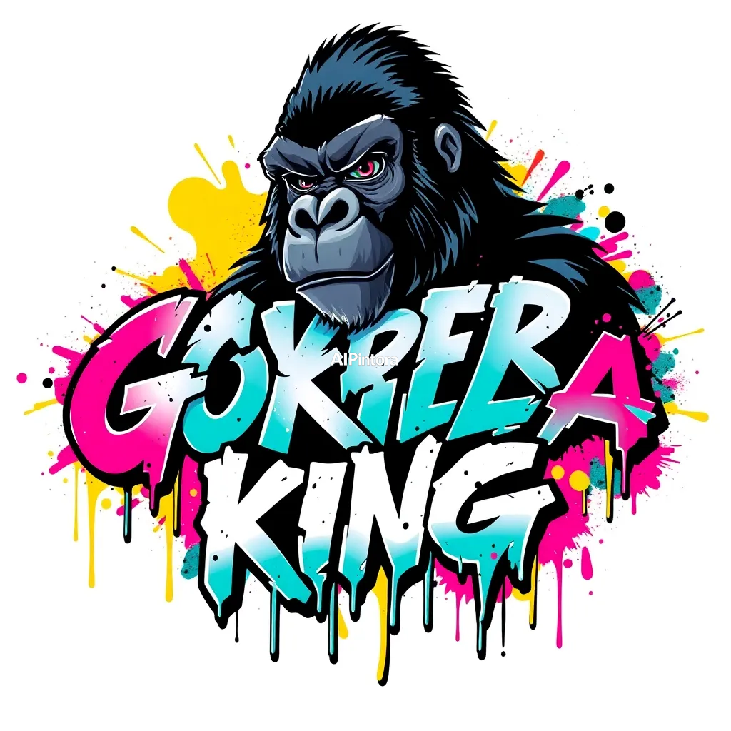premium graffiti typography artwork of cyber gorilla king,
    bold 3D lettering,
    dripping paint effects,
    colorful street art splashes,
    urban wall art aesthetic,
    high contrast colors,
    centered composition,
    clean background,
    sharp edges,
    ultra detailed,
    printable t-shirt graphic style,
    no model,
    no shirt mockup,
    HD 4K