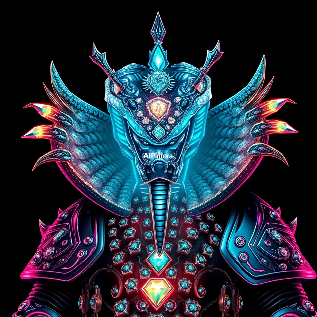 masterpiece premium streetwear artwork of diamond encrusted cobra emperor wearing futuristic royal armor,
    futuristic luxury urban fashion aesthetic,
    hypebeast culture inspired,
    bold centered composition,
    cinematic neon lighting,
    dramatic shadows,
    chrome metallic accents,
    graffiti splash details,
    vibrant high contrast colors,
    oversized fashion graphic style,
    trending Pinterest aesthetic,
    ultra detailed digital illustration,
    sharp clean edges,
    premium Gen Z street culture vibe,
    black background,
    printable t-shirt artwork,
    no model,
    no shirt mockup,
    no product photography,
    no messy composition,
    award winning artwork,
    ultra HD 4K