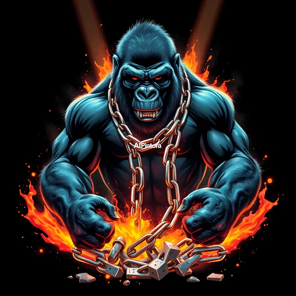 masterpiece premium streetwear artwork of berserker bodybuilding gorilla lifting molten chains,
    futuristic luxury urban fashion aesthetic,
    hypebeast culture inspired,
    bold centered composition,
    cinematic neon lighting,
    dramatic shadows,
    chrome metallic accents,
    graffiti splash details,
    vibrant high contrast colors,
    oversized fashion graphic style,
    trending Pinterest aesthetic,
    ultra detailed digital illustration,
    sharp clean edges,
    premium Gen Z street culture vibe,
    black background,
    printable t-shirt artwork,
    no model,
    no shirt mockup,
    no product photography,
    no messy composition,
    award winning artwork,
    ultra HD 4K