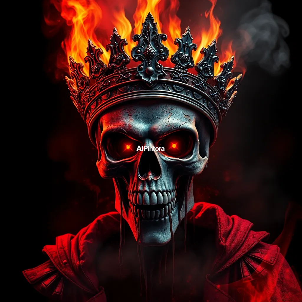 masterpiece dark fantasy streetwear artwork of molten skull emperor with flaming crown,
    sinister horror aesthetic,
    cinematic red and black lighting,
    cracked skull textures,
    dripping paint splashes,
    chaotic grunge details,
    glowing eyes,
    smoke and ash atmosphere,
    aggressive powerful mood,
    ultra detailed shadows,
    dramatic centered composition,
    premium gothic street art style,
    terrifying realistic textures,
    black background,
    trending horror poster aesthetic,
    printable t-shirt artwork,
    no model,
    no shirt mockup,
    no random objects,
    award winning digital artwork,
    ultra HD 4K