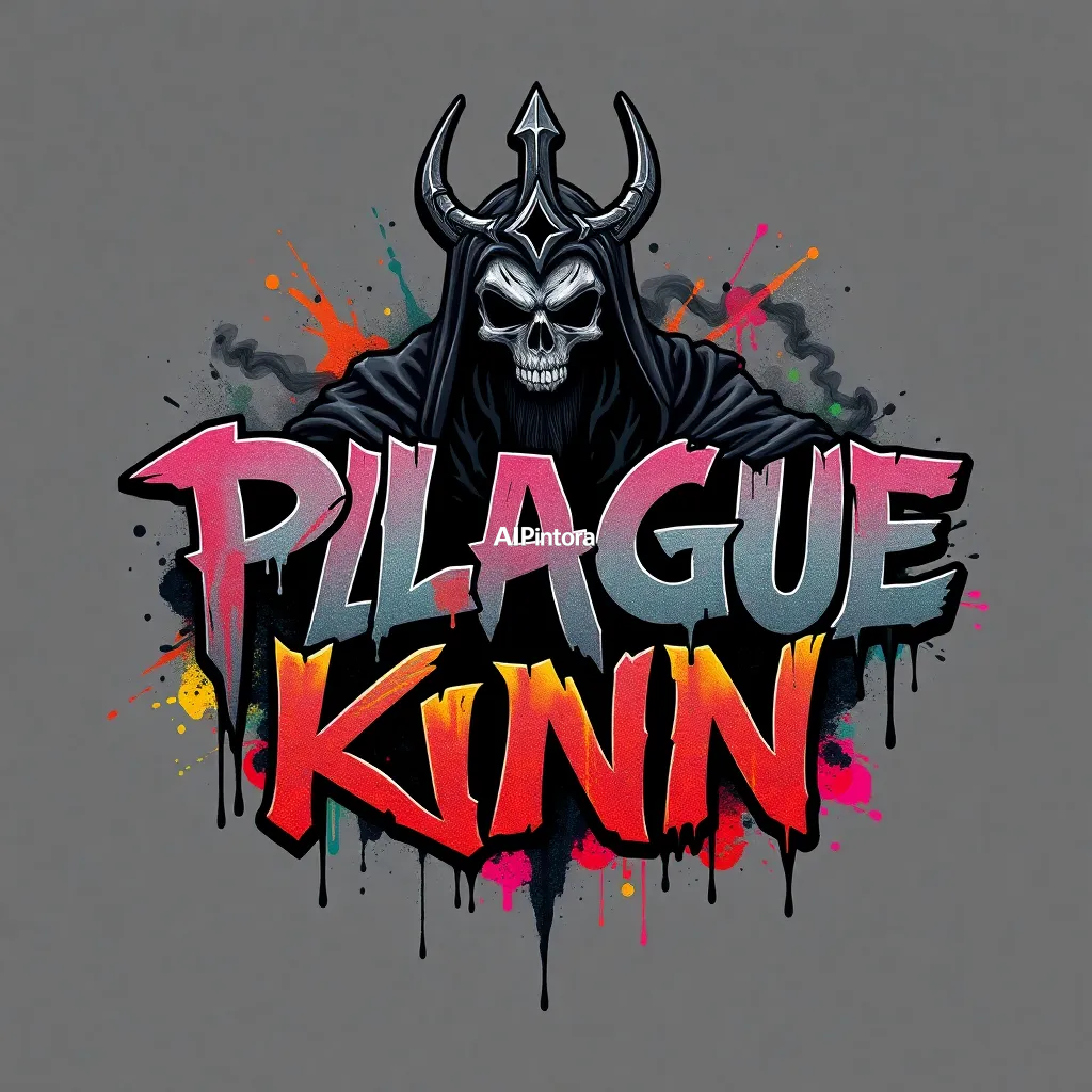 premium graffiti typography artwork of vengeful plague king covered in black smoke,
    bold 3D lettering,
    dripping paint effects,
    colorful street art splashes,
    urban wall art aesthetic,
    high contrast colors,
    centered composition,
    clean background,
    sharp edges,
    ultra detailed,
    printable t-shirt graphic style,
    no model,
    no shirt mockup,
    HD 4K