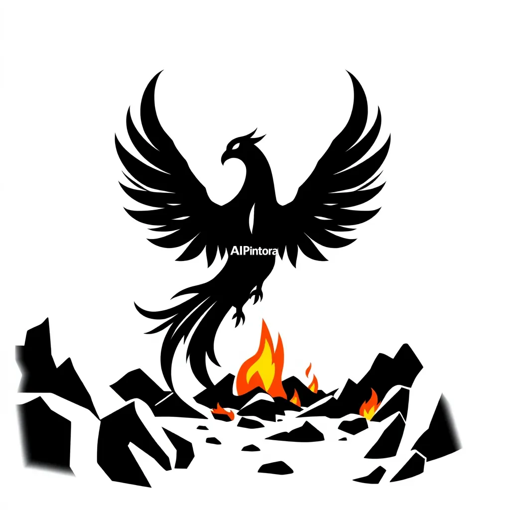 premium professional vector logo design of dark phoenix rising from burning ruins,
    centered logo mark,
    clean white background,
    minimal strong shapes,
    luxury brand identity,
    high contrast,
    sharp clean edges,
    balanced spacing,
    no mockup,
    no photo,
    no 3d render,
    no background scene,
    no extra objects,
    no shadows