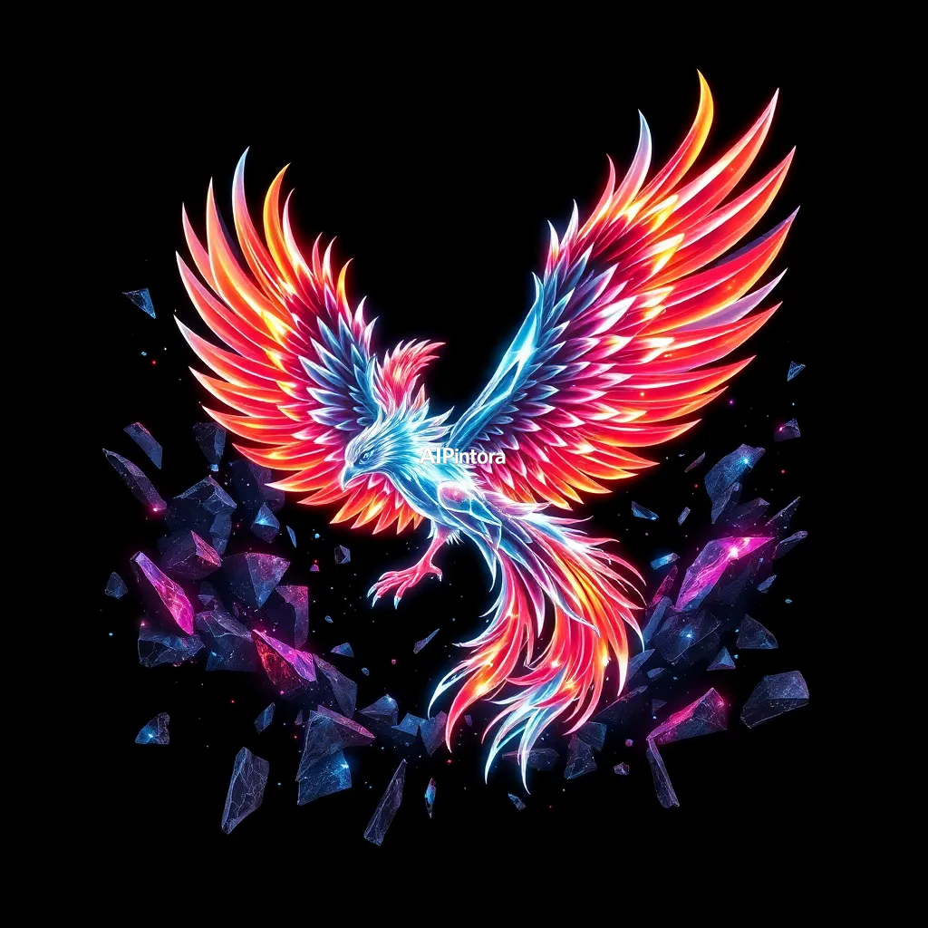 masterpiece premium streetwear artwork of crystal phoenix flying through shattered dimensions,
    futuristic luxury urban fashion aesthetic,
    hypebeast culture inspired,
    bold centered composition,
    cinematic neon lighting,
    dramatic shadows,
    chrome metallic accents,
    graffiti splash details,
    vibrant high contrast colors,
    oversized fashion graphic style,
    trending Pinterest aesthetic,
    ultra detailed digital illustration,
    sharp clean edges,
    premium Gen Z street culture vibe,
    black background,
    printable t-shirt artwork,
    no model,
    no shirt mockup,
    no product photography,
    no messy composition,
    award winning artwork,
    ultra HD 4K