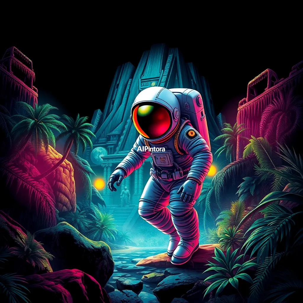 masterpiece premium streetwear artwork of ancient astronaut discovering hidden jungle temple,
    futuristic luxury urban fashion aesthetic,
    hypebeast culture inspired,
    bold centered composition,
    cinematic neon lighting,
    dramatic shadows,
    chrome metallic accents,
    graffiti splash details,
    vibrant high contrast colors,
    oversized fashion graphic style,
    trending Pinterest aesthetic,
    ultra detailed digital illustration,
    sharp clean edges,
    premium Gen Z street culture vibe,
    black background,
    printable t-shirt artwork,
    no model,
    no shirt mockup,
    no product photography,
    no messy composition,
    award winning artwork,
    ultra HD 4K