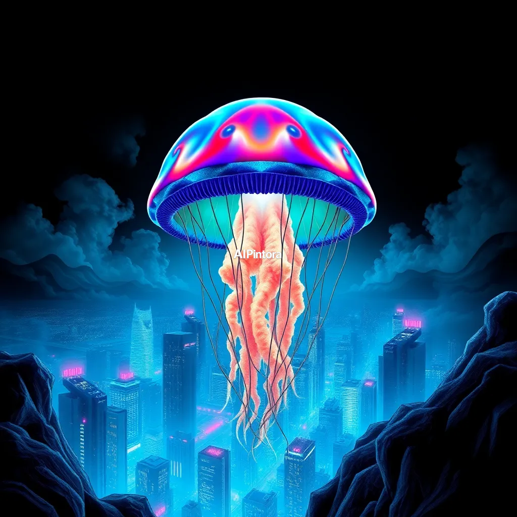 masterpiece premium streetwear artwork of gigantic jellyfish floating above cyber ocean city,
    futuristic luxury urban fashion aesthetic,
    hypebeast culture inspired,
    bold centered composition,
    cinematic neon lighting,
    dramatic shadows,
    chrome metallic accents,
    graffiti splash details,
    vibrant high contrast colors,
    oversized fashion graphic style,
    trending Pinterest aesthetic,
    ultra detailed digital illustration,
    sharp clean edges,
    premium Gen Z street culture vibe,
    black background,
    printable t-shirt artwork,
    no model,
    no shirt mockup,
    no product photography,
    no messy composition,
    award winning artwork,
    ultra HD 4K