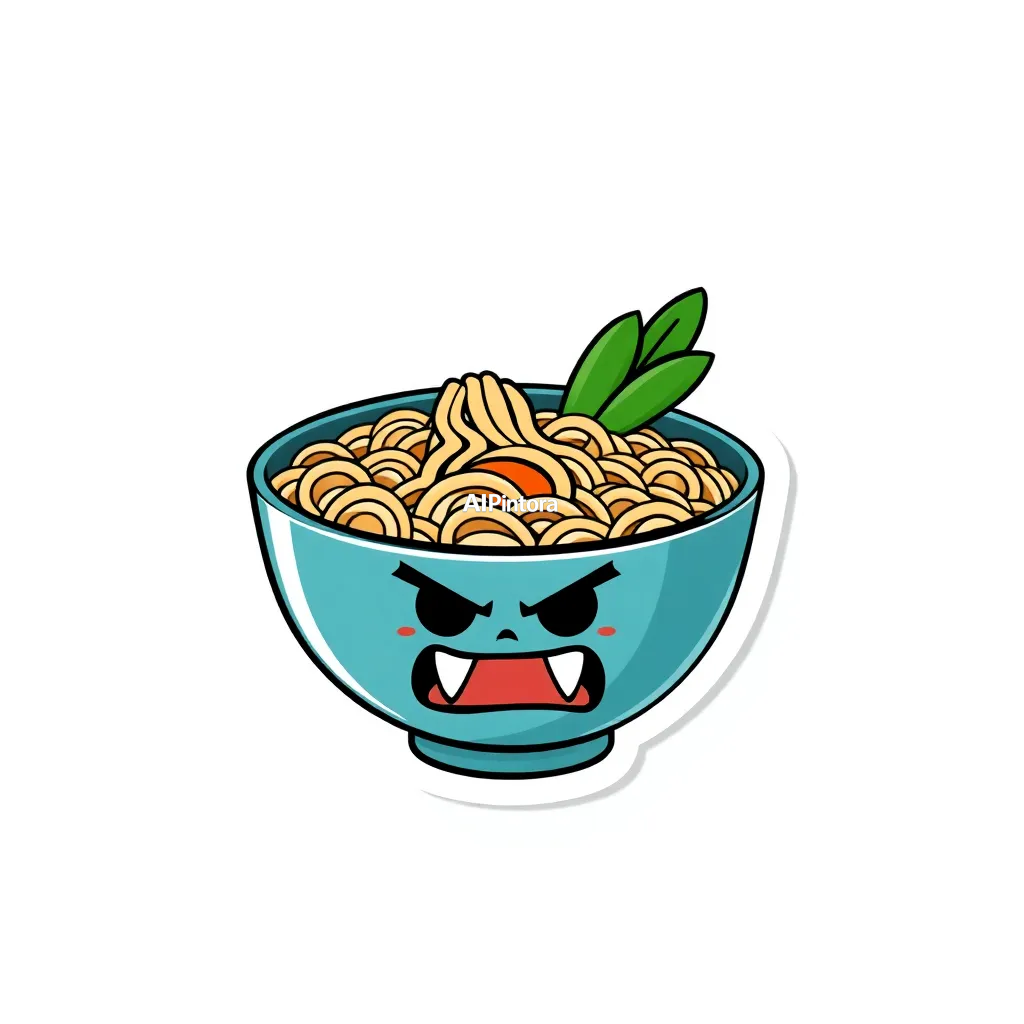 premium vector sticker illustration of cute angry ramen bowl,
    isolated centered artwork,
    thick bold white outline,
    die-cut sticker style,
    smooth cartoon vector shapes,
    vibrant high contrast colors,
    clean sharp edges,
    plain background,
    cute collectible sticker aesthetic,
    printable sticker design,
    no mockup,
    no product photo,
    no background scene,
    HD 4K