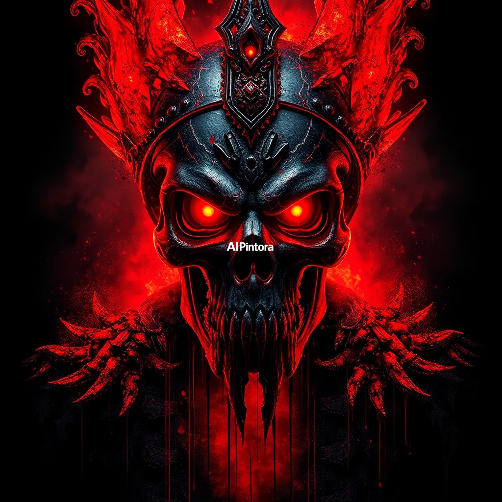 masterpiece dark fantasy artwork of molten skull emperor,
    sinister horror aesthetic,
    cinematic red and black lighting,
    cracked textures,
    dripping paint splashes,
    chaotic grunge details,
    glowing eyes,
    smoke and ash atmosphere,
    aggressive powerful mood,
    dramatic centered composition,
    premium gothic street art style,
    terrifying realistic textures,
    black background,
    HD 4K