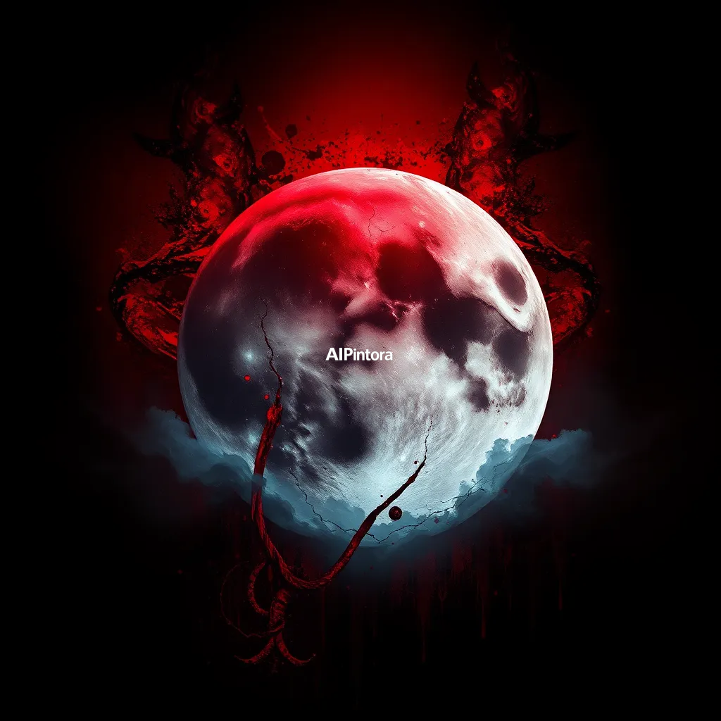 masterpiece dark fantasy artwork of dark horror Moon artwork, terrifying atmosphere, red and black lighting, cinematic horror aesthetic, ultra detailed textures, HD 4K,
    sinister horror aesthetic,
    cinematic red and black lighting,
    cracked textures,
    dripping paint splashes,
    chaotic grunge details,
    glowing eyes,
    smoke and ash atmosphere,
    aggressive powerful mood,
    dramatic centered composition,
    premium gothic street art style,
    terrifying realistic textures,
    black background,
    HD 4K