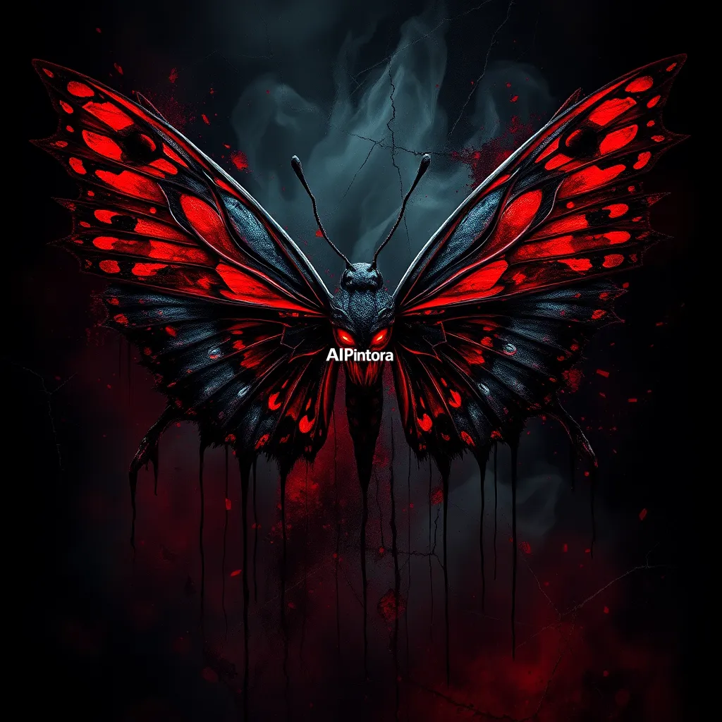 masterpiece dark fantasy artwork of dark horror Butterfly artwork, terrifying atmosphere, red and black lighting, cinematic horror aesthetic, ultra detailed textures, HD 4K,
    sinister horror aesthetic,
    cinematic red and black lighting,
    cracked textures,
    dripping paint splashes,
    chaotic grunge details,
    glowing eyes,
    smoke and ash atmosphere,
    aggressive powerful mood,
    dramatic centered composition,
    premium gothic street art style,
    terrifying realistic textures,
    black background,
    HD 4K