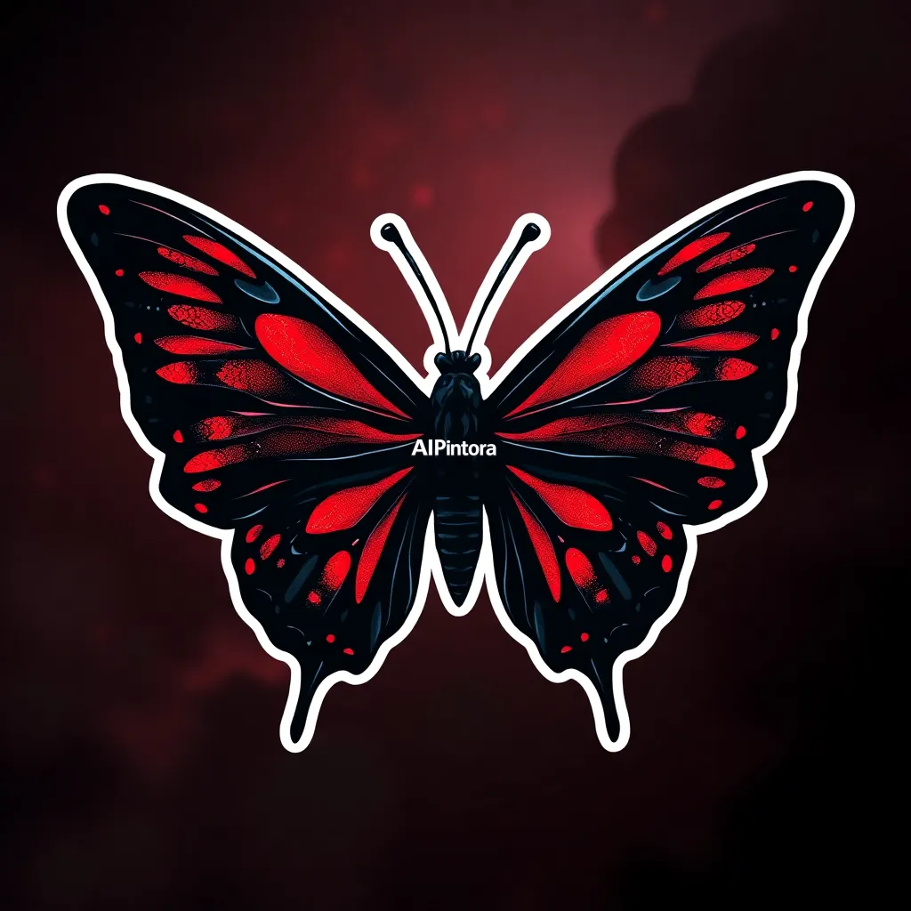 premium vector sticker illustration of dark horror Butterfly artwork, terrifying atmosphere, red and black lighting, cinematic horror aesthetic, ultra detailed textures, HD 4K,
    isolated centered artwork,
    thick bold white outline,
    die-cut sticker style,
    smooth cartoon vector shapes,
    vibrant high contrast colors,
    clean sharp edges,
    plain background,
    cute collectible sticker aesthetic,
    printable sticker design,
    no mockup,
    no product photo,
    no background scene,
    HD 4K