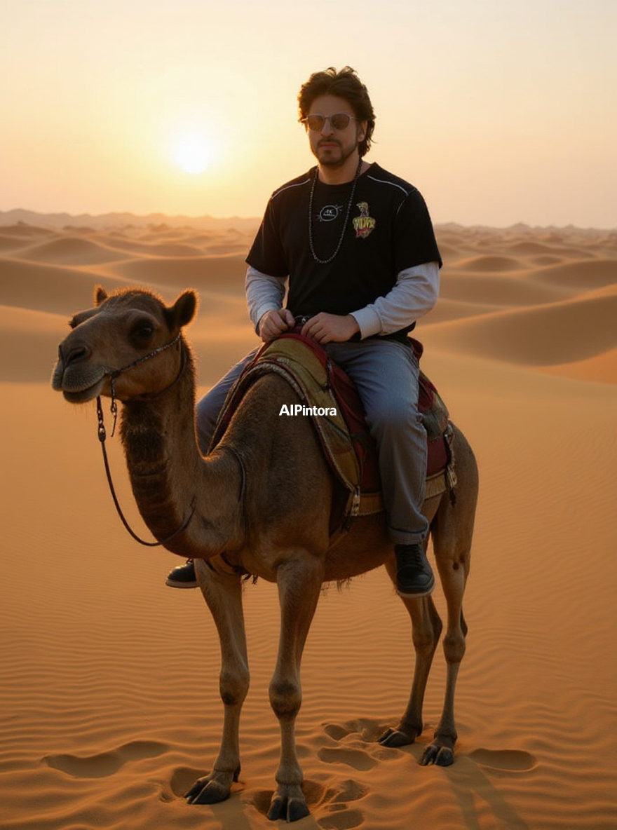 preserve exact face identity from the reference image, keep the same person, keep same facial structure, same eyes, same nose, same lips, same skin tone, same face shape, do not change identity, do not beautify into another person, change only clothes, pose, background and scene, place the same person riding a camel in a realistic Arabian desert, full body visible, camel clearly visible, golden sunset, sand dunes, traditional travel scene, cinematic realistic photography style, high quality realistic transformation, detailed environment, natural proportions, professional cinematic lighting, sharp focus, realistic face consistency, Create a high quality transformation using the selected preset