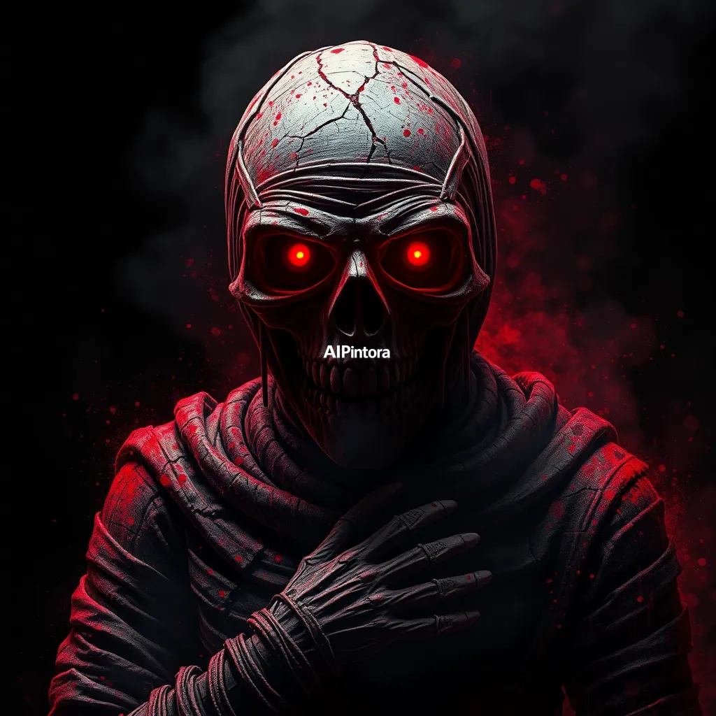 masterpiece dark fantasy artwork of dark horror mummy artwork, terrifying atmosphere, red and black lighting, cinematic horror aesthetic, ultra detailed textures, HD 4K,
    sinister horror aesthetic,
    cinematic red and black lighting,
    cracked textures,
    dripping paint splashes,
    chaotic grunge details,
    glowing eyes,
    smoke and ash atmosphere,
    aggressive powerful mood,
    dramatic centered composition,
    premium gothic street art style,
    terrifying realistic textures,
    black background,
    HD 4K