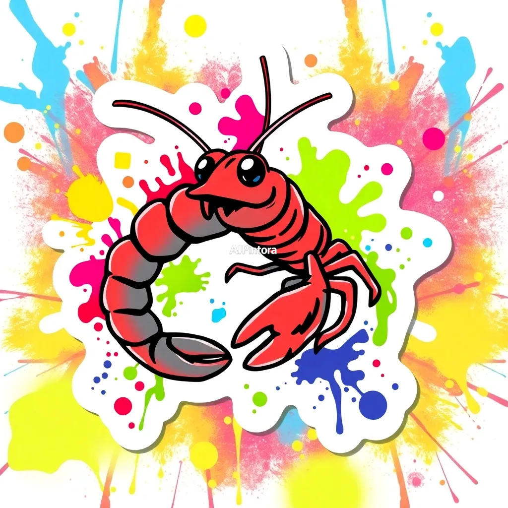 premium vector sticker illustration of graffiti style prawn artwork, paint splashes, urban street art aesthetic, bold vibrant colors, premium graffiti composition, HD 4K,
    isolated centered artwork,
    thick bold white outline,
    die-cut sticker style,
    smooth cartoon vector shapes,
    vibrant high contrast colors,
    clean sharp edges,
    plain background,
    cute collectible sticker aesthetic,
    printable sticker design,
    no mockup,
    no product photo,
    no background scene,
    HD 4K