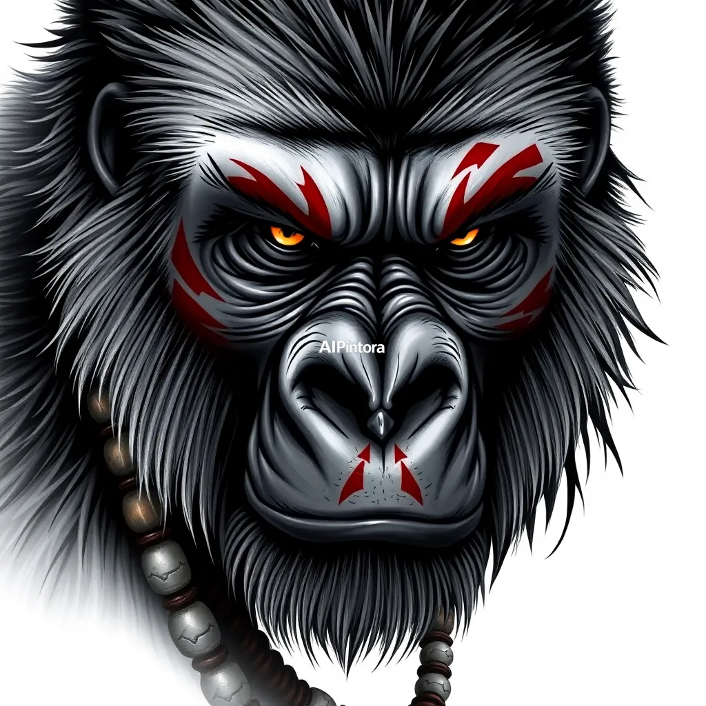 clean printable t-shirt graphic design of Ultra realistic cinematic close-up portrait of a powerful warrior gorilla, half face composition, intense angry eye staring at camera, white and black fur with detailed skin texture, tribal red war paint markings across face and body, ancient warrior beads, bone necklace and tribal ornaments, battle scars, dark fantasy style, hyper realistic animal portrait, extremely detailed fur strands, sharp facial wrinkles, realistic wet eyes, dramatic shadows, high contrast black white and red color theme only, professional wildlife photography mixed with fantasy warrior art, 8K ultra HD, masterpiece, cinematic lighting, depth of field, epic character design,
    isolated centered artwork,
    plain white background,
    bold high contrast illustration,
    sharp clean edges,
    clean balanced layout,
    print-ready design,
    streetwear graphic style,
    easy background removal,
    no model,
    no shirt mockup,
    no product photo,
    no room background,
    no messy background,
    no extra random objects,
    no shadows on background,
    HD 4K
