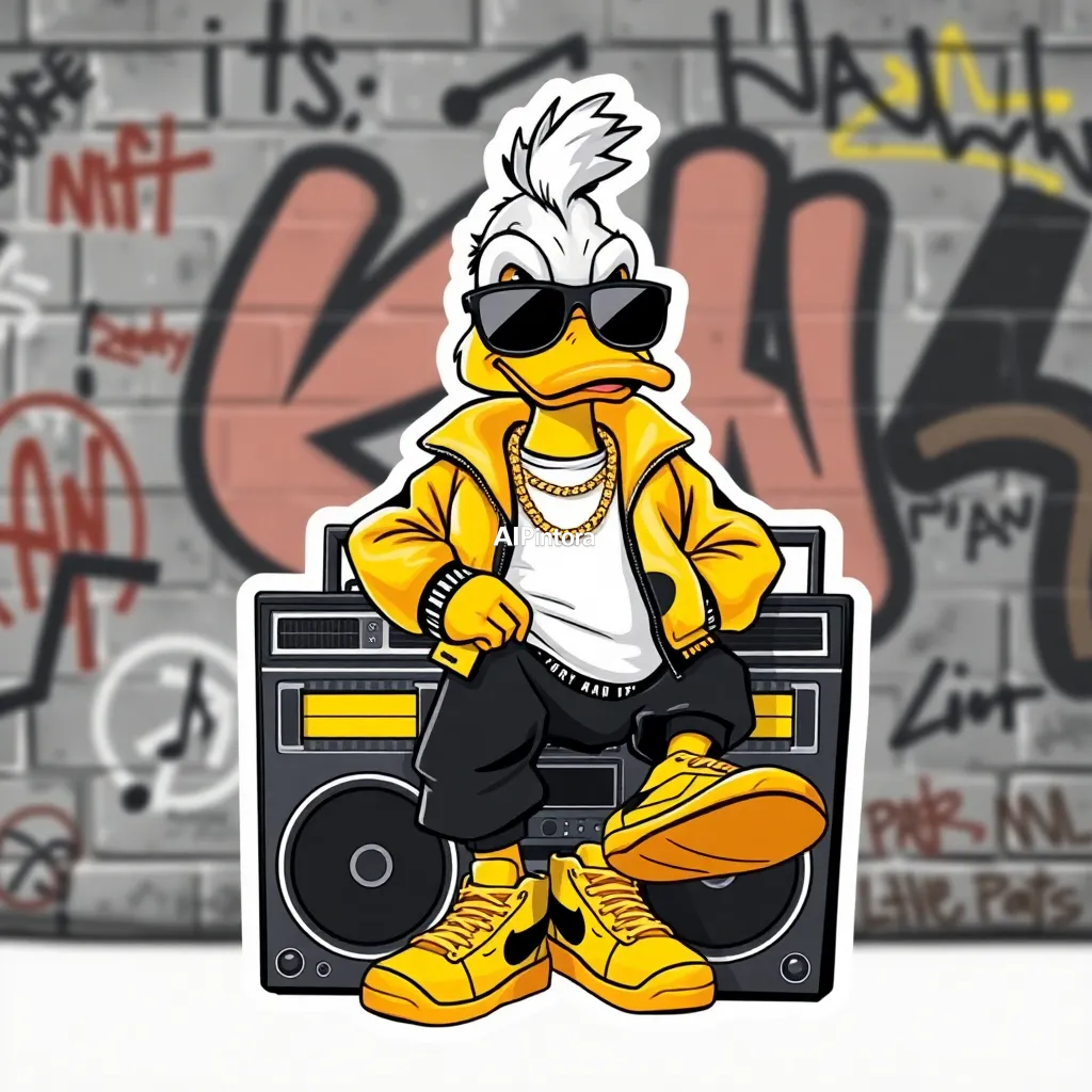 premium vector sticker illustration of A cool cartoon duck character in urban hip hop streetwear style, sitting confidently on a large vintage boombox speaker, wearing oversized black sunglasses, shiny yellow bomber jacket, white t-shirt, black baggy pants, gold chain necklace, yellow and black sneakers. Serious attitude facial expression, stylish rapper vibe, graffiti wall background with street art, music culture theme, cute but badass character design, premium mascot logo style, detailed digital illustration, smooth cartoon 3D look, sharp outlines, vibrant yellow black color palette, high quality character art, street fashion, modern NFT style, ultra detailed, 8K,
    isolated centered artwork,
    thick bold white outline,
    die-cut sticker style,
    smooth cartoon vector shapes,
    vibrant high contrast colors,
    clean sharp edges,
    plain background,
    cute collectible sticker aesthetic,
    printable sticker design,
    no mockup,
    no product photo,
    no background scene,
    HD 4K