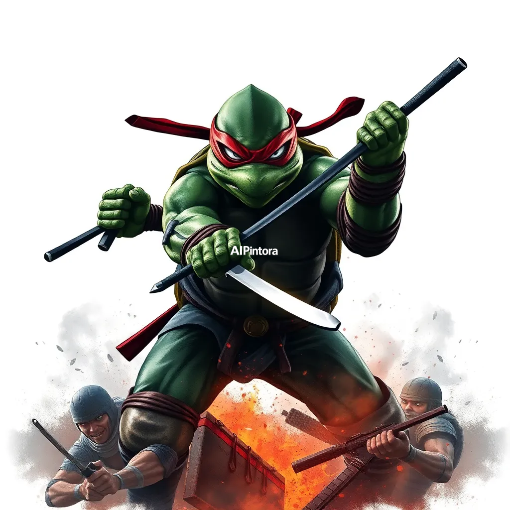 clean printable t-shirt graphic design of epic battle ninja turtle artwork, dramatic battlefield, action energy, powerful combat scene, sparks, smoke, cinematic war atmosphere, heroic composition, masterpiece, best quality, ultra detailed, 8k, sharp focus, cinematic lighting, highly detailed textures, award winning artwork, premium composition,
    isolated centered artwork,
    plain white background,
    bold high contrast illustration,
    sharp clean edges,
    clean balanced layout,
    print-ready design,
    streetwear graphic style,
    easy background removal,
    no model,
    no shirt mockup,
    no product photo,
    no room background,
    no messy background,
    no extra random objects,
    no shadows on background,
    HD 4K