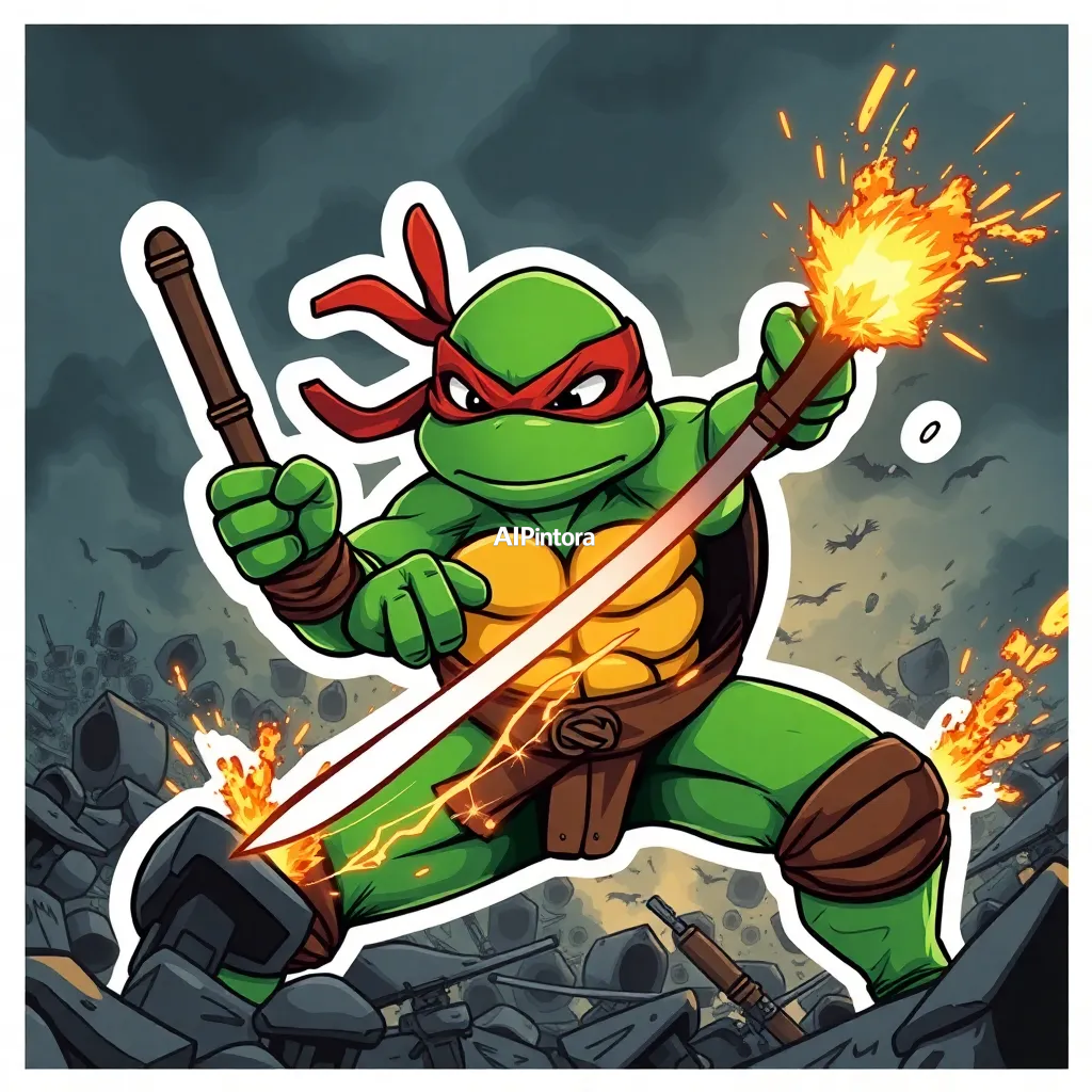 premium vector sticker illustration of epic battle ninja turtle artwork, dramatic battlefield, action energy, powerful combat scene, sparks, smoke, cinematic war atmosphere, heroic composition, masterpiece, best quality, ultra detailed, 8k, sharp focus, cinematic lighting, highly detailed textures, award winning artwork, premium composition,
    isolated centered artwork,
    thick bold white outline,
    die-cut sticker style,
    smooth cartoon vector shapes,
    vibrant high contrast colors,
    clean sharp edges,
    plain background,
    cute collectible sticker aesthetic,
    printable sticker design,
    no mockup,
    no product photo,
    no background scene,
    HD 4K