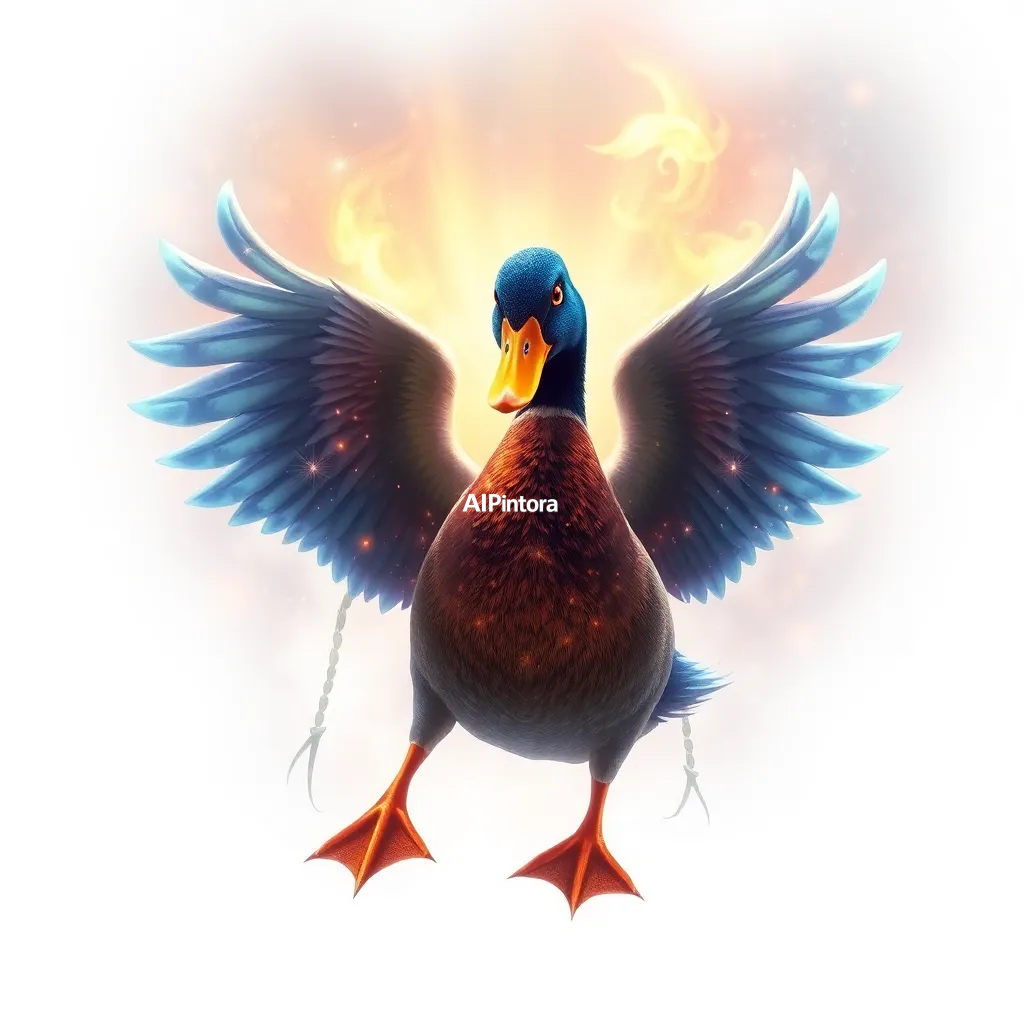 clean printable t-shirt graphic design of fantasy duck artwork, magical atmosphere, glowing particles, enchanted world, epic fantasy background, mystical lighting, divine powerful aura, masterpiece, best quality, ultra detailed, 8k, sharp focus, cinematic lighting, highly detailed textures, award winning artwork, premium composition,
    isolated centered artwork,
    plain white background,
    bold high contrast illustration,
    sharp clean edges,
    clean balanced layout,
    print-ready design,
    streetwear graphic style,
    easy background removal,
    no model,
    no shirt mockup,
    no product photo,
    no room background,
    no messy background,
    no extra random objects,
    no shadows on background,
    HD 4K