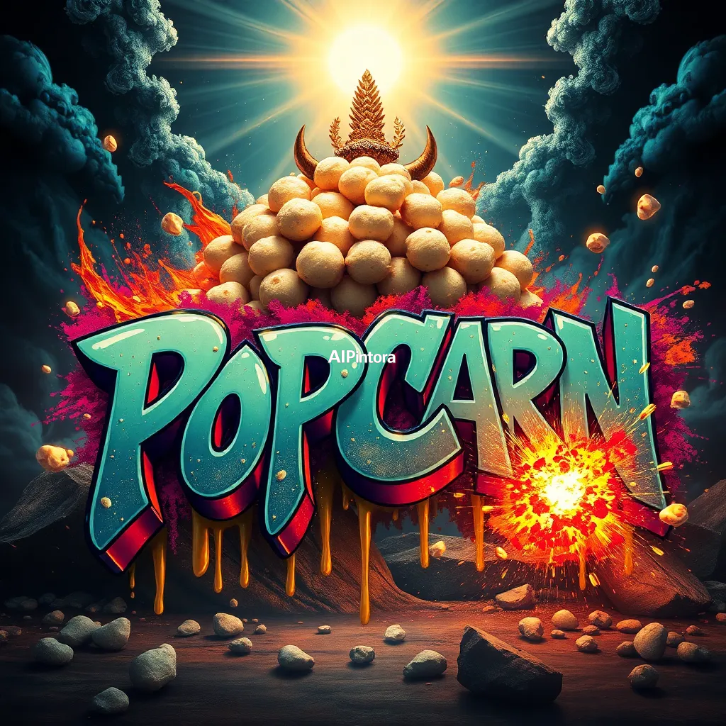 masterpiece graffiti typography artwork of mythological popcorn artwork, ancient gods, celestial aura, legendary atmosphere, divine light, epic mythic fantasy style, powerful sacred composition, masterpiece, best quality, ultra detailed, 8k, sharp focus, cinematic lighting, highly detailed textures, award winning artwork, premium composition,
    explosive 3D graffiti lettering,
    dripping paint textures,
    colorful urban spray paint splashes,
    chaotic street art energy,
    neon glow accents,
    dynamic paint explosion effects,
    bold cinematic composition,
    oversized typography focus,
    ultra vibrant colors,
    premium underground hip hop aesthetic,
    clean background,
    highly detailed graffiti illustration,
    HD 4K