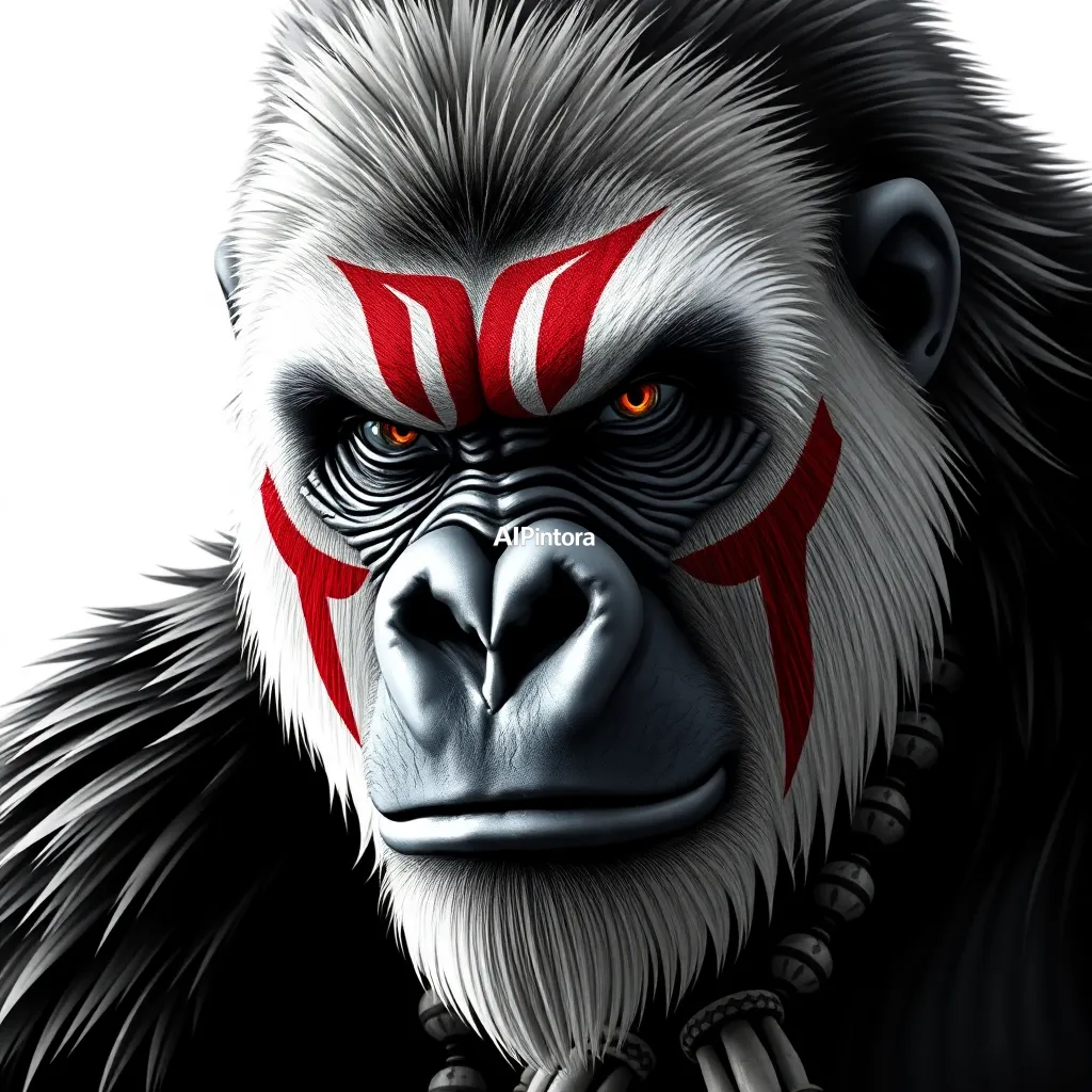 clean printable t-shirt graphic design of clean printable t-shirt graphic design of Ultra realistic cinematic close-up portrait of a powerful warrior gorilla, half face composition, intense angry eye staring at camera, white and black fur with detailed skin texture, tribal red war paint markings across face and body, ancient warrior beads, bone necklace and tribal ornaments, battle scars, dark fantasy style, hyper realistic animal portrait, extremely detailed fur strands, sharp facial wrinkles, realistic wet eyes, dramatic shadows, high contrast black white and red color theme only, professional wildlife photography mixed with fantasy warrior art, 8K ultra HD, masterpiece, cinematic lighting, depth of field, epic character design,    isolated centered artwork,    plain white background,    bold high contrast illustration,    sharp clean edges,    clean balanced layout,    print-ready design,    streetwear graphic style,    easy background removal,    no model,    no shirt mockup,    no product photo,    no room background,    no messy background,    no extra random objects,    no shadows on background,    HD 4K,
    isolated centered artwork,
    plain white background,
    bold high contrast illustration,
    sharp clean edges,
    clean balanced layout,
    print-ready design,
    streetwear graphic style,
    easy background removal,
    no model,
    no shirt mockup,
    no product photo,
    no room background,
    no messy background,
    no extra random objects,
    no shadows on background,
    HD 4K