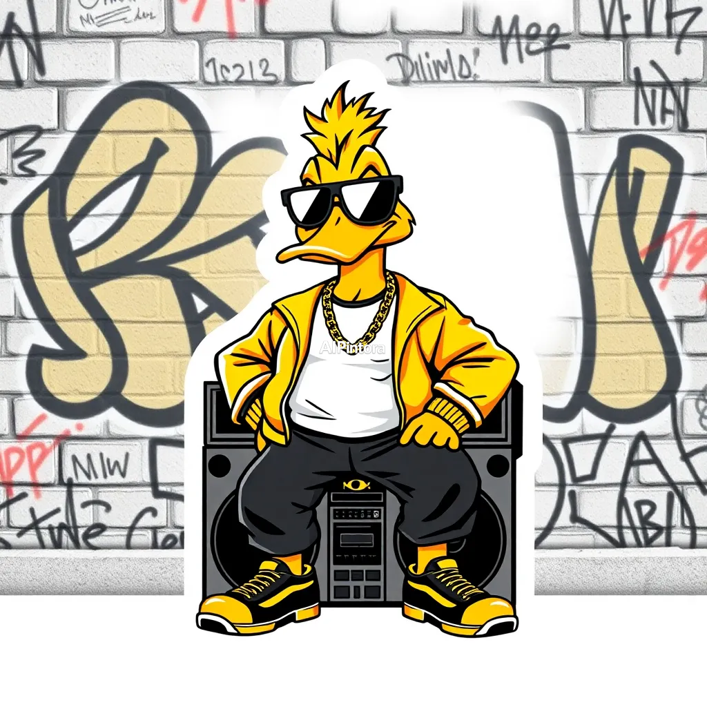 clean printable t-shirt graphic design of premium vector sticker illustration of A cool cartoon duck character in urban hip hop streetwear style, sitting confidently on a large vintage boombox speaker, wearing oversized black sunglasses, shiny yellow bomber jacket, white t-shirt, black baggy pants, gold chain necklace, yellow and black sneakers. Serious attitude facial expression, stylish rapper vibe, graffiti wall background with street art, music culture theme, cute but badass character design, premium mascot logo style, detailed digital illustration, smooth cartoon 3D look, sharp outlines, vibrant yellow black color palette, high quality character art, street fashion, modern NFT style, ultra detailed, 8K,    isolated centered artwork,    thick bold white outline,    die-cut sticker style,    smooth cartoon vector shapes,    vibrant high contrast colors,    clean sharp edges,    plain background,    cute collectible sticker aesthetic,    printable sticker design,    no mockup,    no product photo,    no background scene,    HD 4K,
    isolated centered artwork,
    plain white background,
    bold high contrast illustration,
    sharp clean edges,
    clean balanced layout,
    print-ready design,
    streetwear graphic style,
    easy background removal,
    no model,
    no shirt mockup,
    no product photo,
    no room background,
    no messy background,
    no extra random objects,
    no shadows on background,
    HD 4K