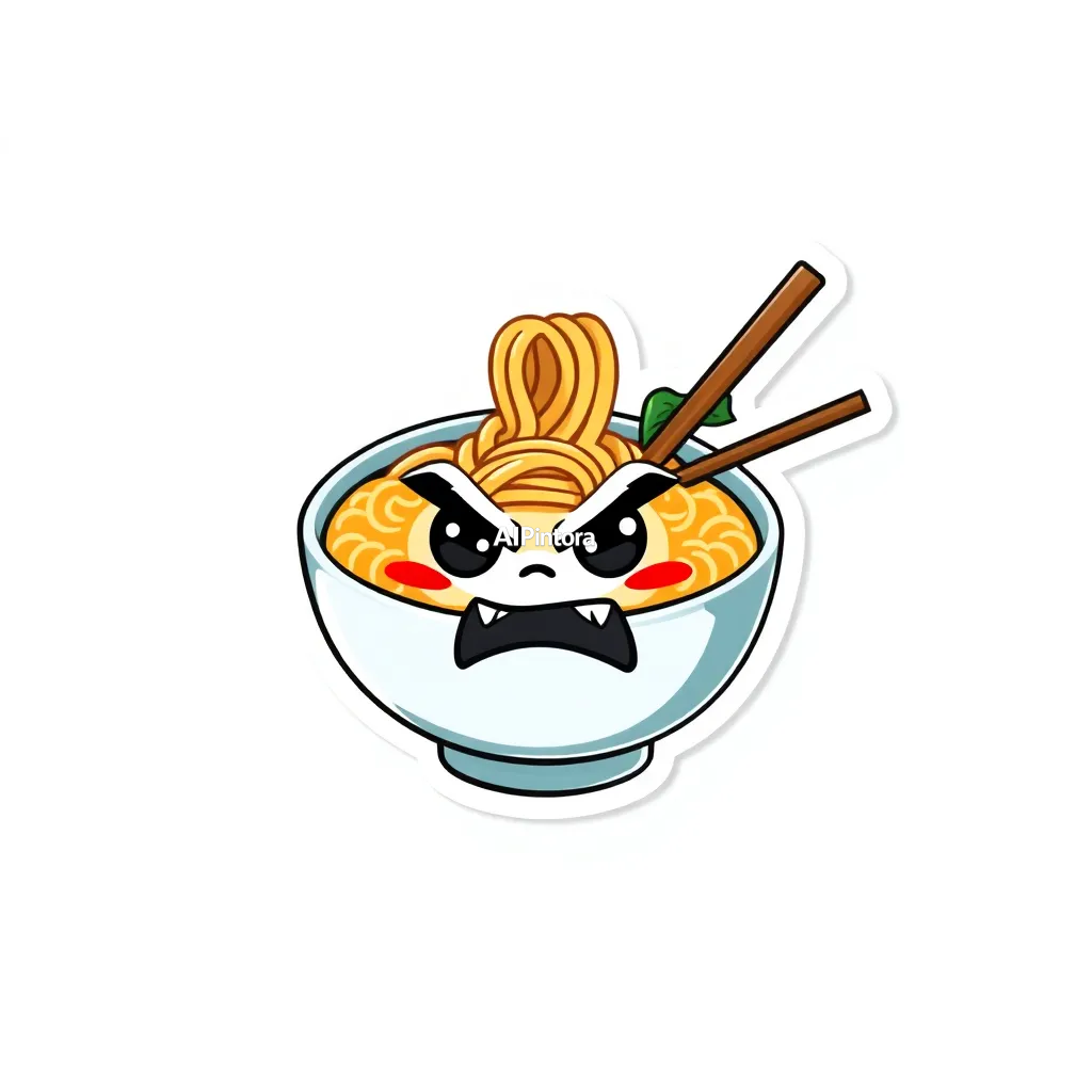 premium die-cut sticker illustration of cute angry ramen bowl,
    isolated centered artwork,
    thick bold white outline,
    clean vector cartoon style,
    glossy sticker finish,
    vibrant high contrast colors,
    smooth shapes,
    cute collectible sticker aesthetic,
    printable sticker design,
    plain clean background,
    no mockup,
    no product photo,
    no background scene, 
    masterpiece,
    best quality,
    ultra detailed,
    sharp focus,
    cinematic lighting,
    professional color grading,
    highly detailed textures,
    clean composition,
    premium visual quality,
    award winning artwork,
    8k