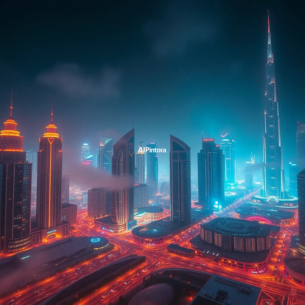 cinematic ultra detailed wallpaper of Dubai futuristic night city,
    epic wide composition,
    immersive environment,
    dramatic cinematic lighting,
    atmospheric depth,
    volumetric fog,
    particles,
    realistic shadows,
    vibrant color grading,
    movie scene aesthetic,
    beautiful background,
    desktop and mobile wallpaper quality,
    no text,
    no watermark, 
    masterpiece,
    best quality,
    ultra detailed,
    sharp focus,
    cinematic lighting,
    professional color grading,
    highly detailed textures,
    clean composition,
    premium visual quality,
    award winning artwork,
    8k