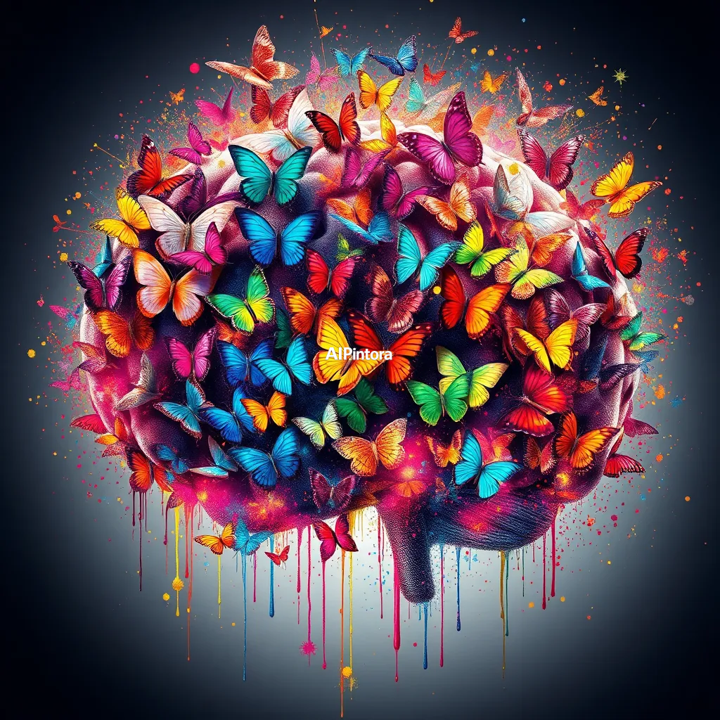 masterpiece graffiti typography artwork of human brain made entirely of colorful butterflies, millions of glowing wings forming neural pathways, dreamy fantasy atmosphere, magical lighting, ultra detailed surreal artwork,
    explosive 3D graffiti lettering,
    dripping paint textures,
    colorful urban spray paint splashes,
    dynamic paint explosion effects,
    bold cinematic composition,
    oversized typography focus,
    premium underground hip hop aesthetic,
    clean background,
    highly detailed graffiti illustration, 
    masterpiece,
    best quality,
    ultra detailed,
    sharp focus,
    cinematic lighting,
    professional color grading,
    highly detailed textures,
    clean composition,
    premium visual quality,
    award winning artwork,
    8k